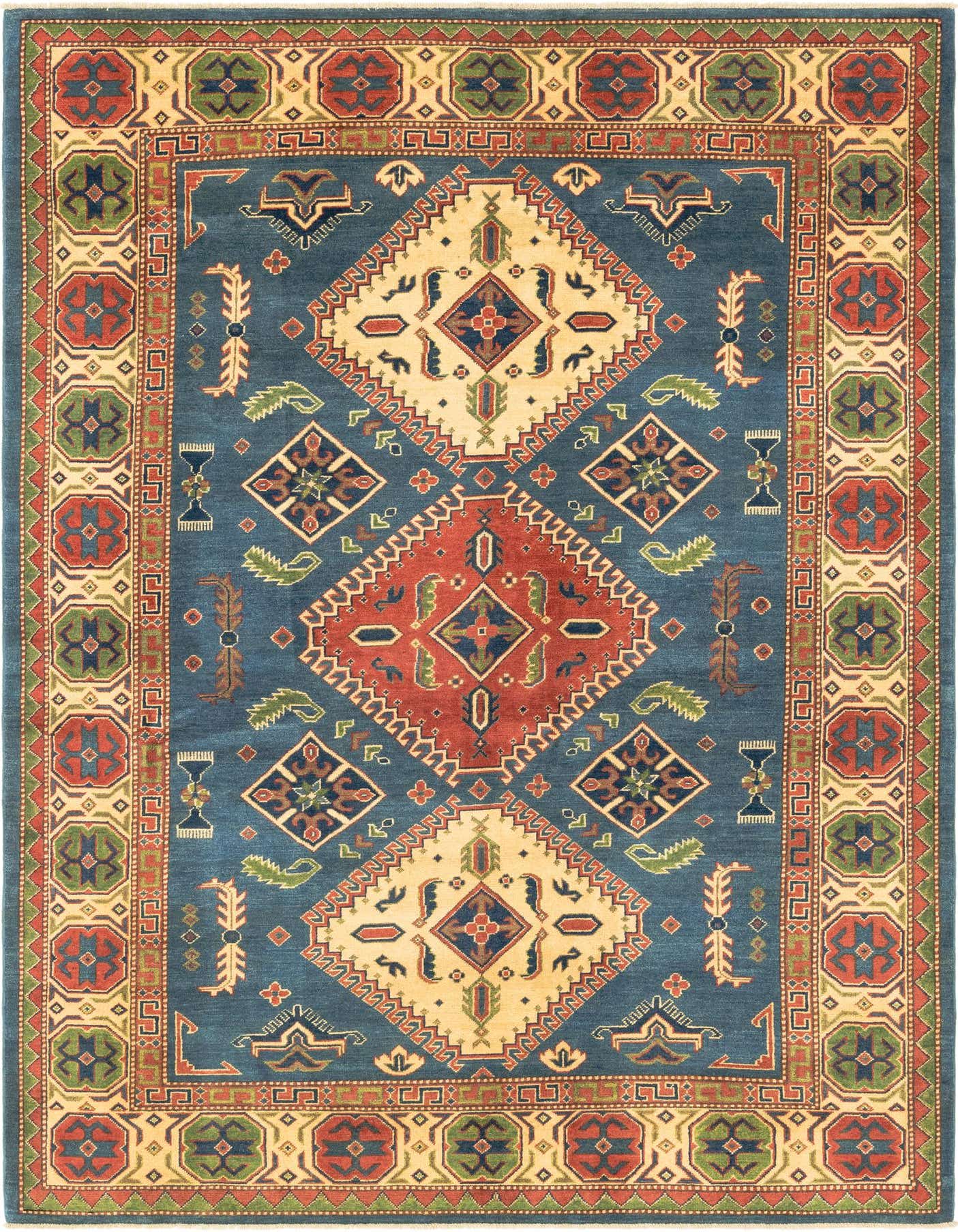 A 7x10 rectangular blue wool rug with a central red and cream medallion, intricate tribal patterns, and a multi-colored border.