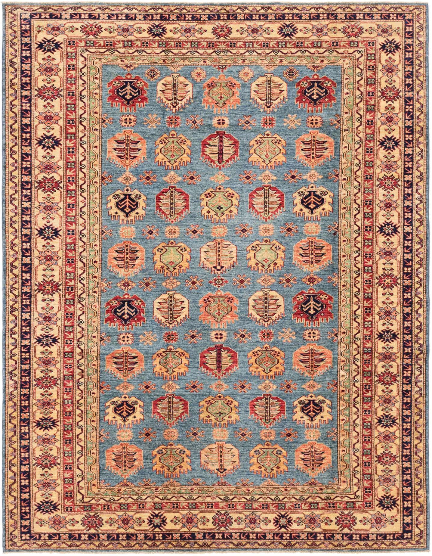 A 7x10 rectangular blue Kazak rug with traditional Southwestern and tribal patterns in red, orange, green, and cream, featuring a detailed border.