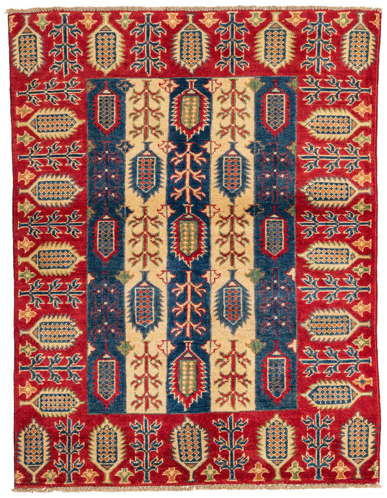 A 3x5 rectangular Rugs.com Kazak rug with a traditional Southwestern pattern in blues, reds, and creams.