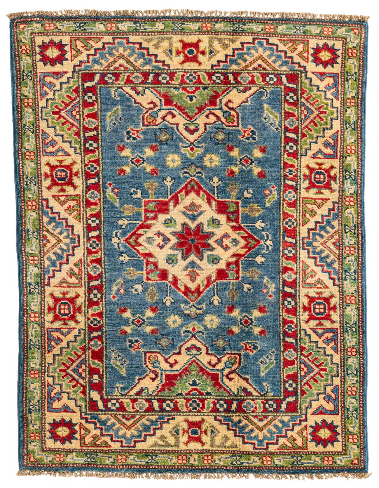 A 3x4 rectangular blue hand-spun wool rug with a traditional Southwestern medallion pattern in red, cream, and green.