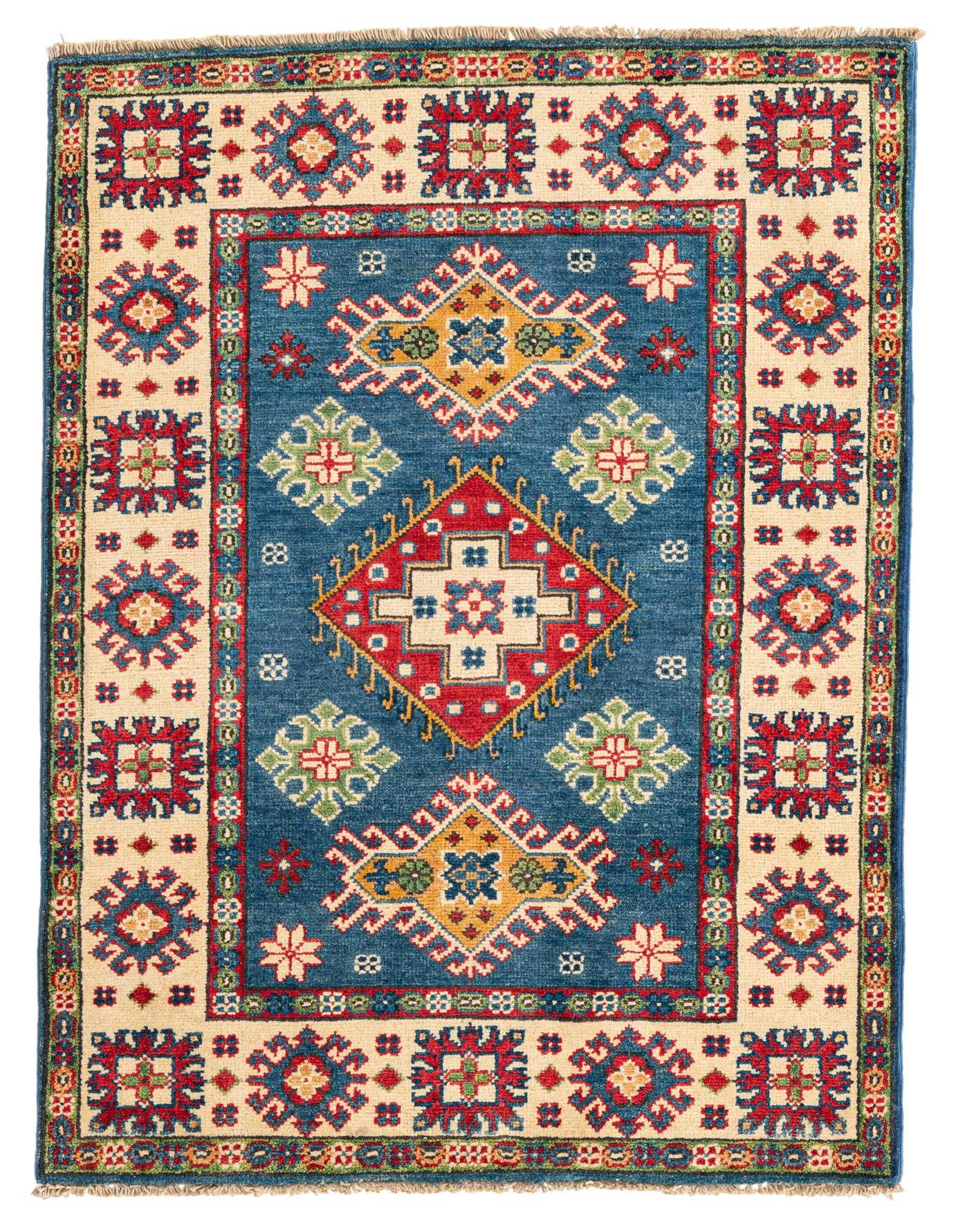 A 3x4 rectangular Rugs.com Kazak rug with a blue field and traditional red, gold, and green geometric patterns, bordered by a cream band.