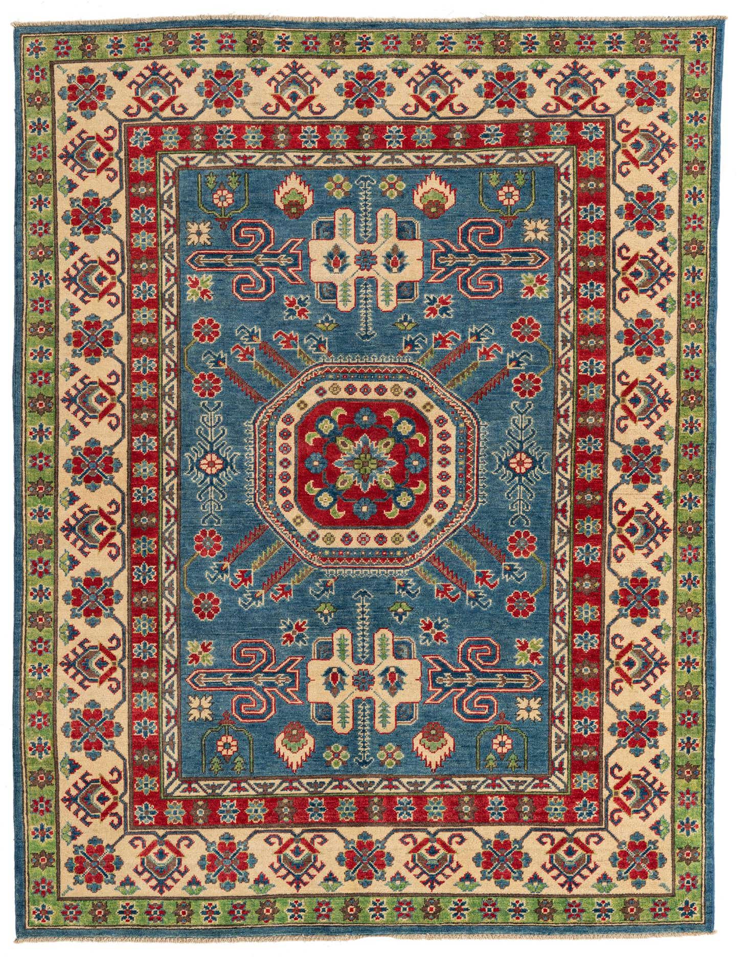 A 6x9 rectangular Kazak rug with a traditional medallion pattern in blues, reds, and creams.