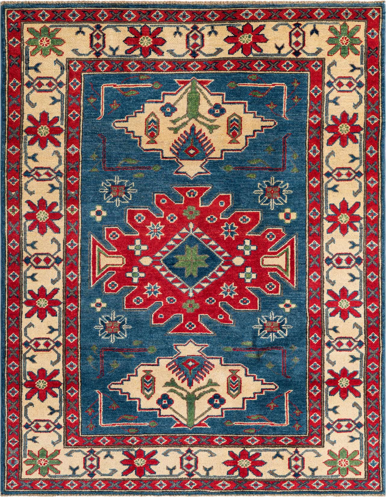 A 4x6 rectangular blue Kazak rug with traditional Southwestern patterns in red, cream, and green, suitable for a living room.