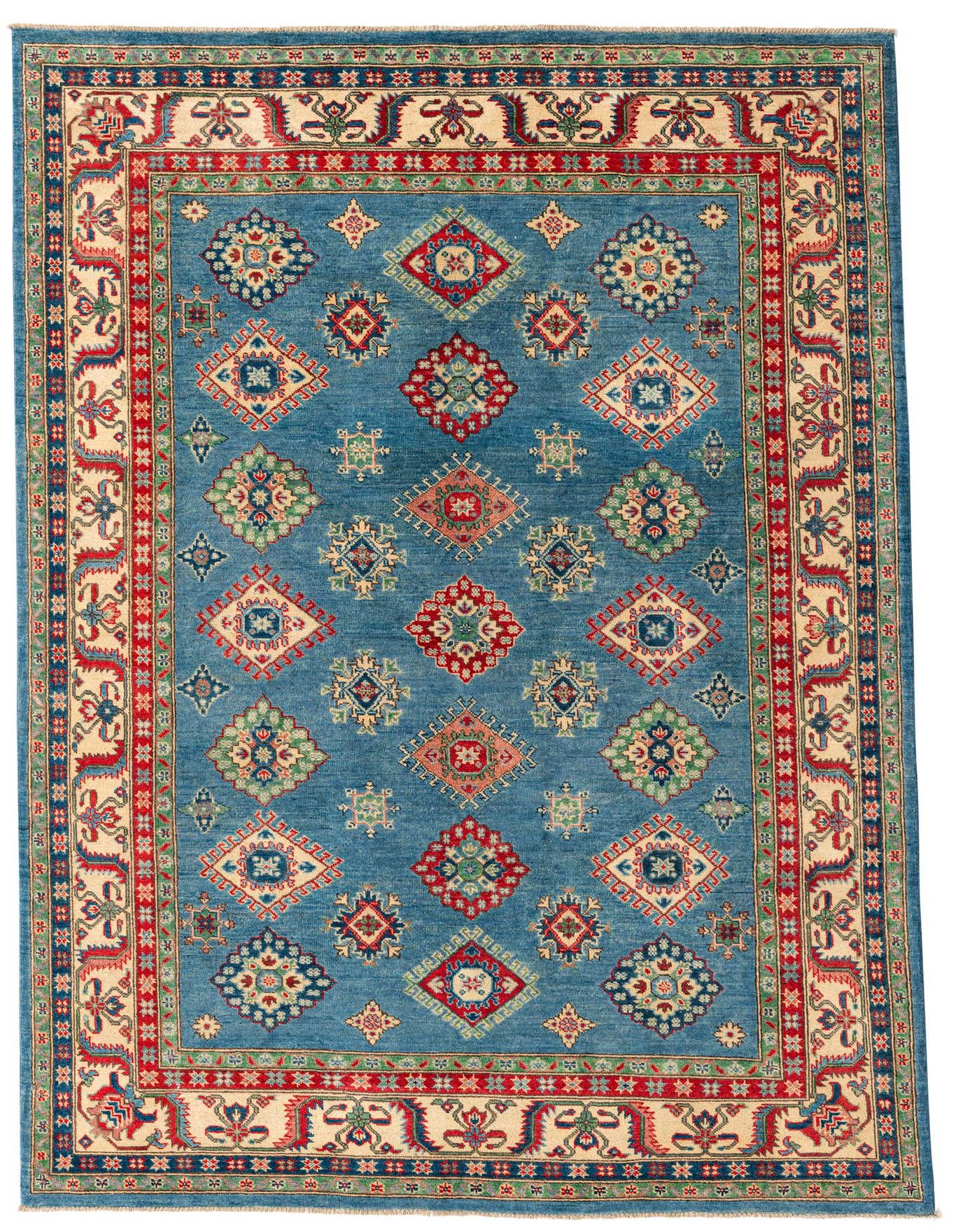 A 6x9 rectangular Rugs.com Kazak rug with a blue field, featuring traditional Southwestern and Oriental patterns in red, green, and cream.