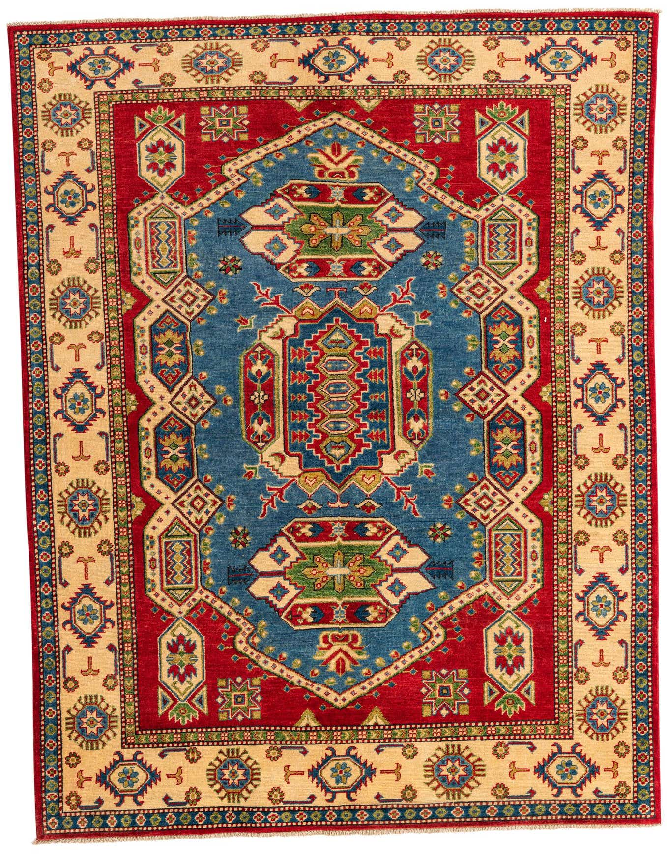 A 6x9 rectangular Kazak rug with a central blue medallion, red field, and intricate traditional patterns in blues, reds, and creams.