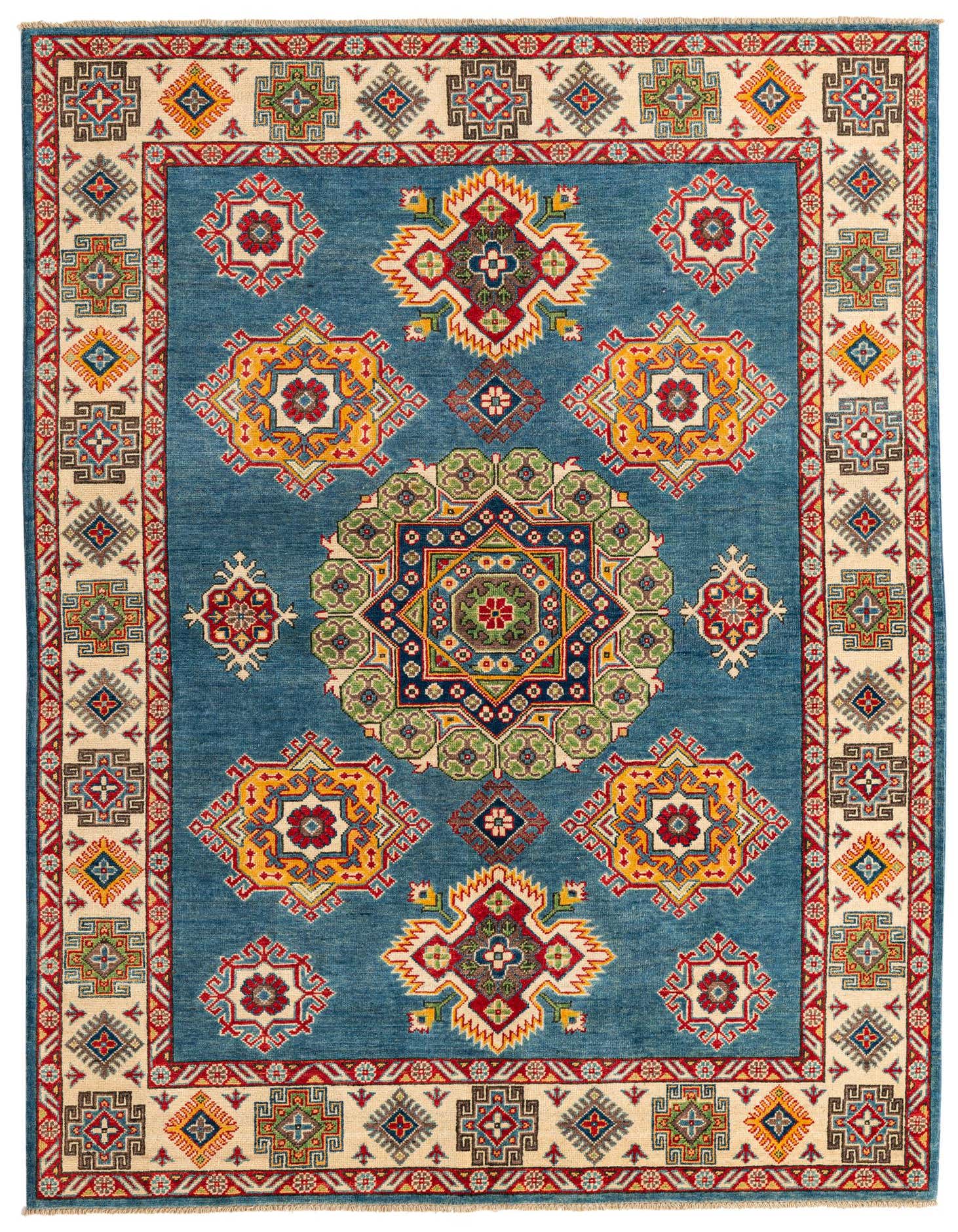 A 6x9 rectangular blue rug with a traditional Southwestern pattern, featuring a large central medallion and geometric motifs in red, yellow, green, and cream.