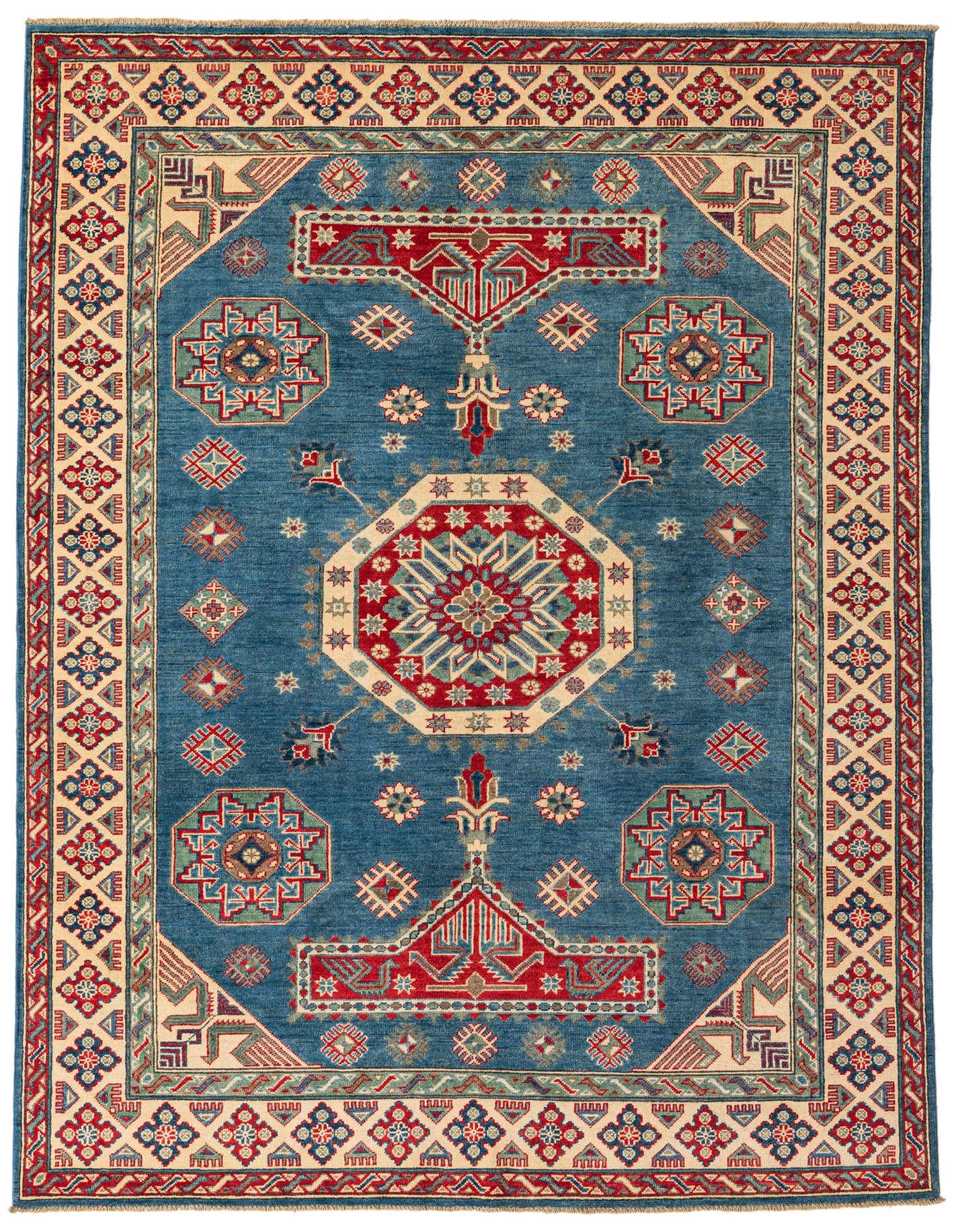 A 6x9 rectangular Kazak rug with a blue field, featuring a large central medallion and intricate traditional patterns in red, cream, and green.