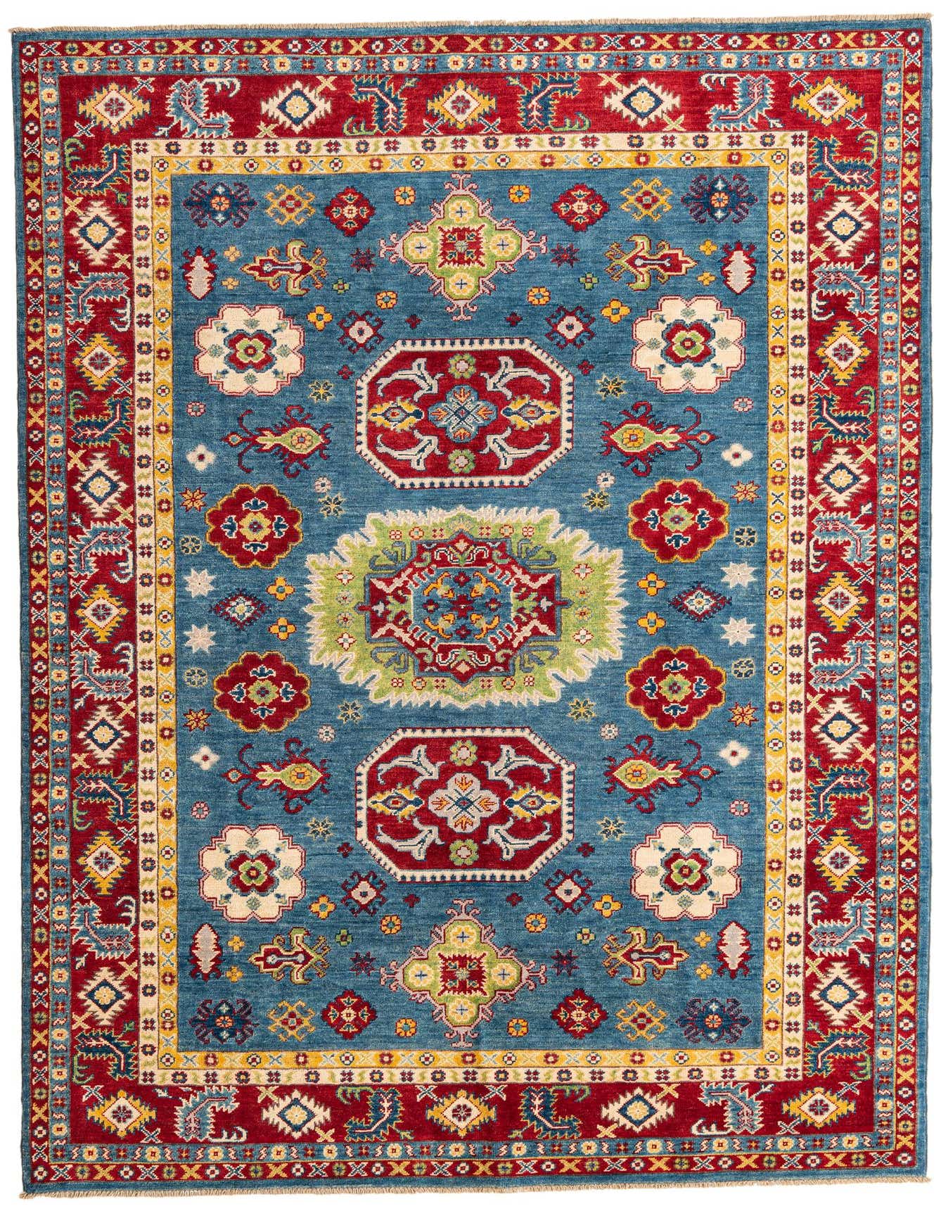 A 6x9 rectangular Kazak rug with a blue field, red border, and traditional Southwestern geometric patterns in red, yellow, and green.