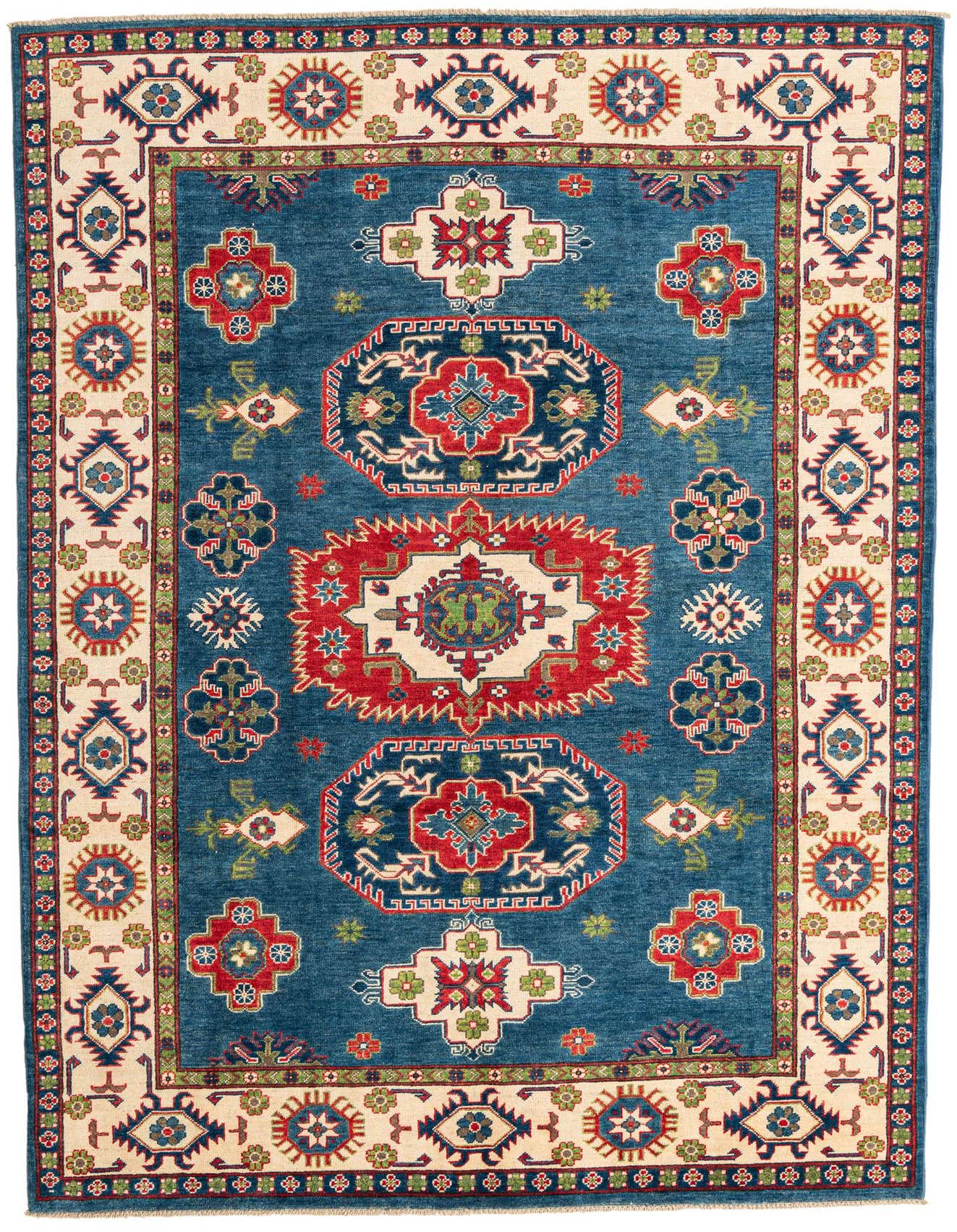 A 6x9 rectangular Rugs.com Kazak rug with a blue field and a cream border, featuring traditional Southwestern and Oriental medallion patterns in red, blue, and green.