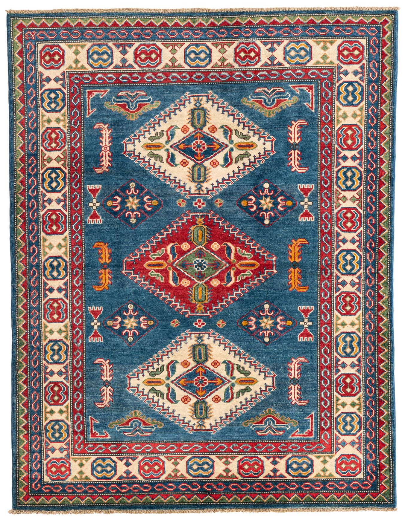 A 4x6 rectangular blue Kazak rug with traditional Southwestern and Oriental medallion patterns in red, cream, and green.