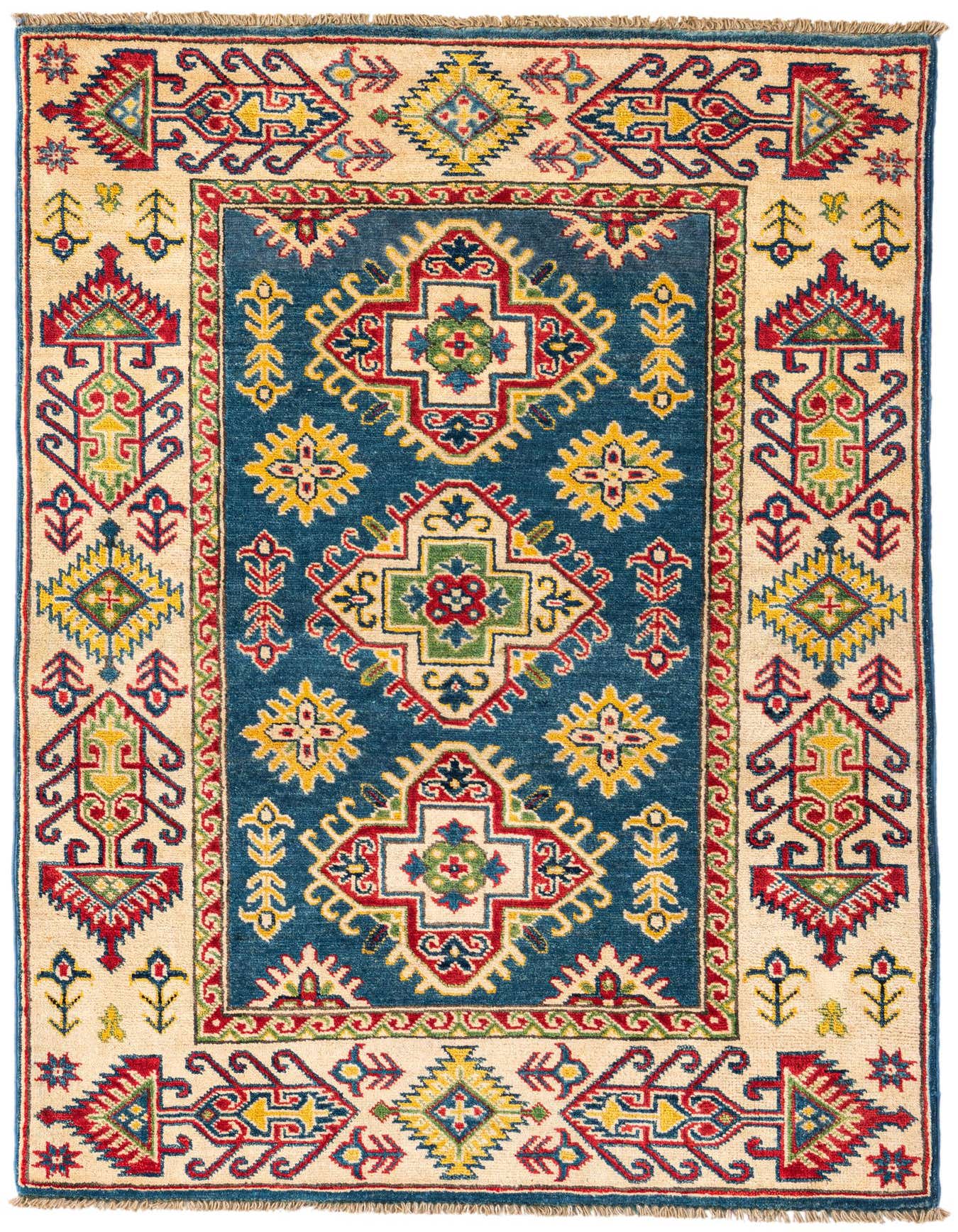 A 3x5 rectangular Kazak rug with a deep blue center and a cream border, featuring traditional Southwestern and Oriental patterns in red, yellow, and green.
