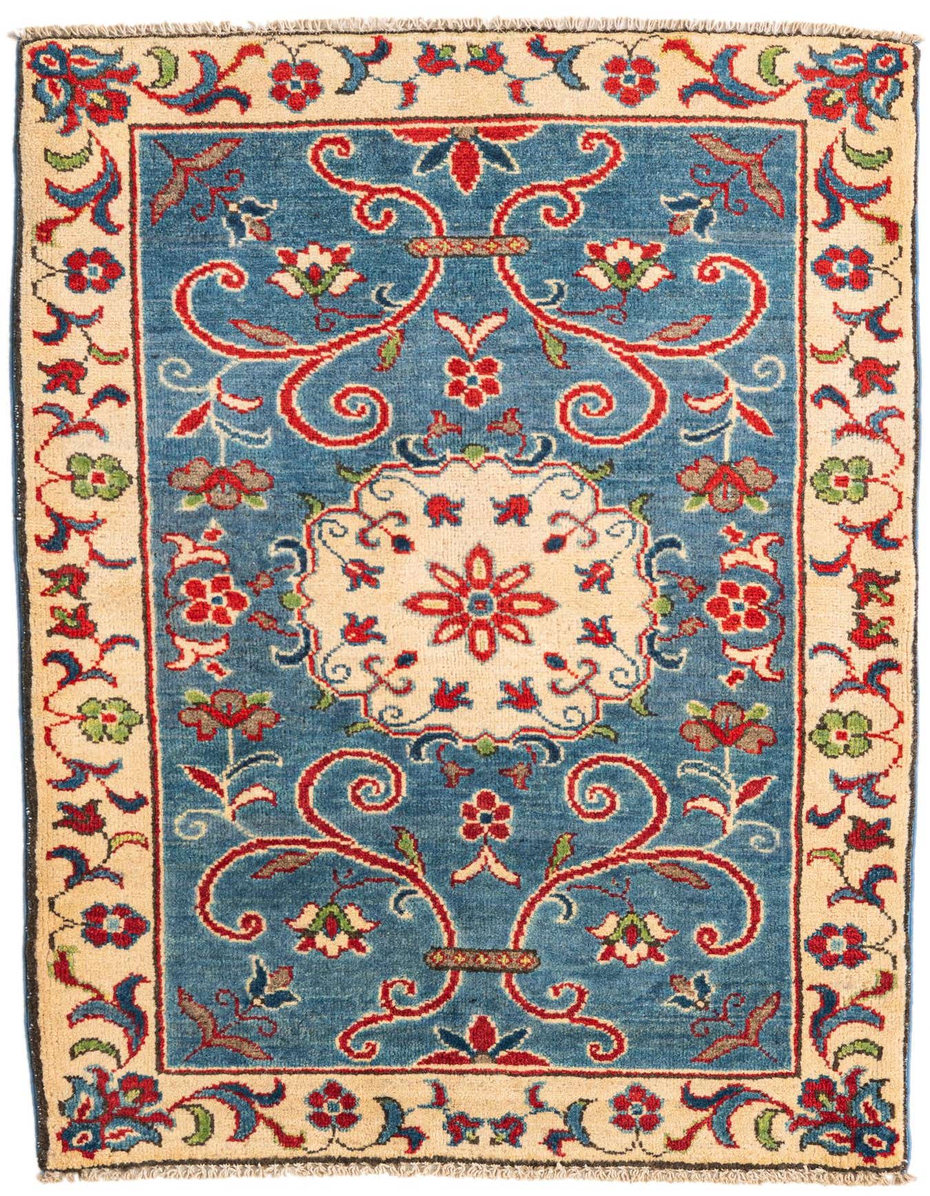 A 3x4 rectangular Rugs.com Kazak rug with a blue field, cream border, and traditional red, blue, and green floral medallion pattern.