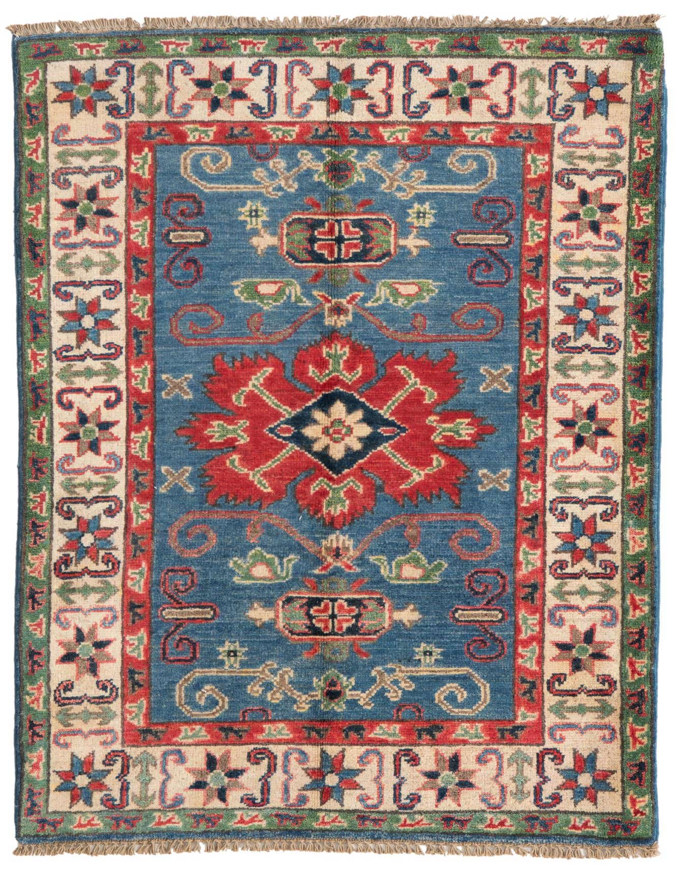 A 3x4 rectangular Rugs.com Kazak rug with a blue field, red medallion, and intricate traditional patterns.