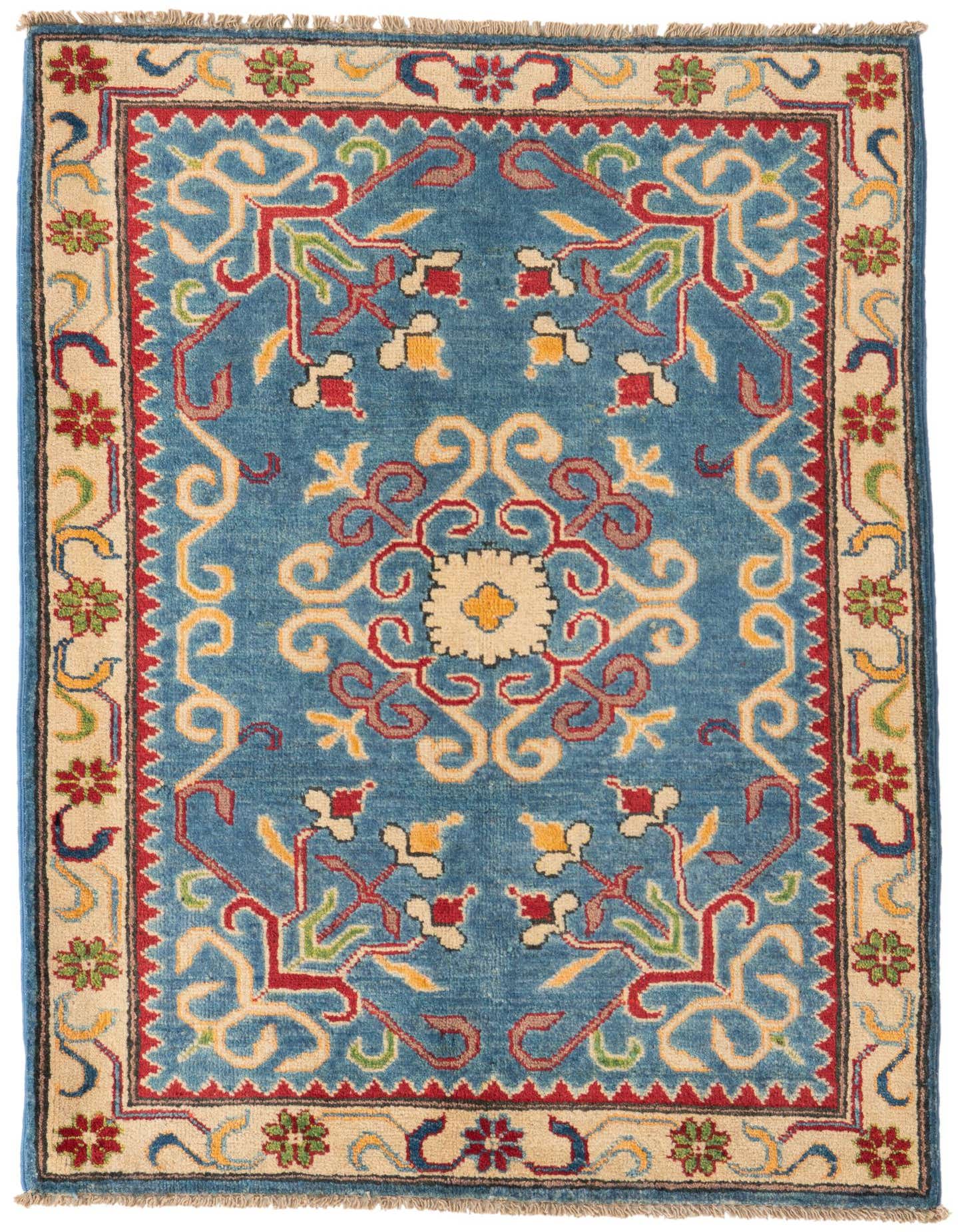 A 3x4 rectangular blue rug with a traditional Southwestern medallion pattern in red, yellow, and cream.