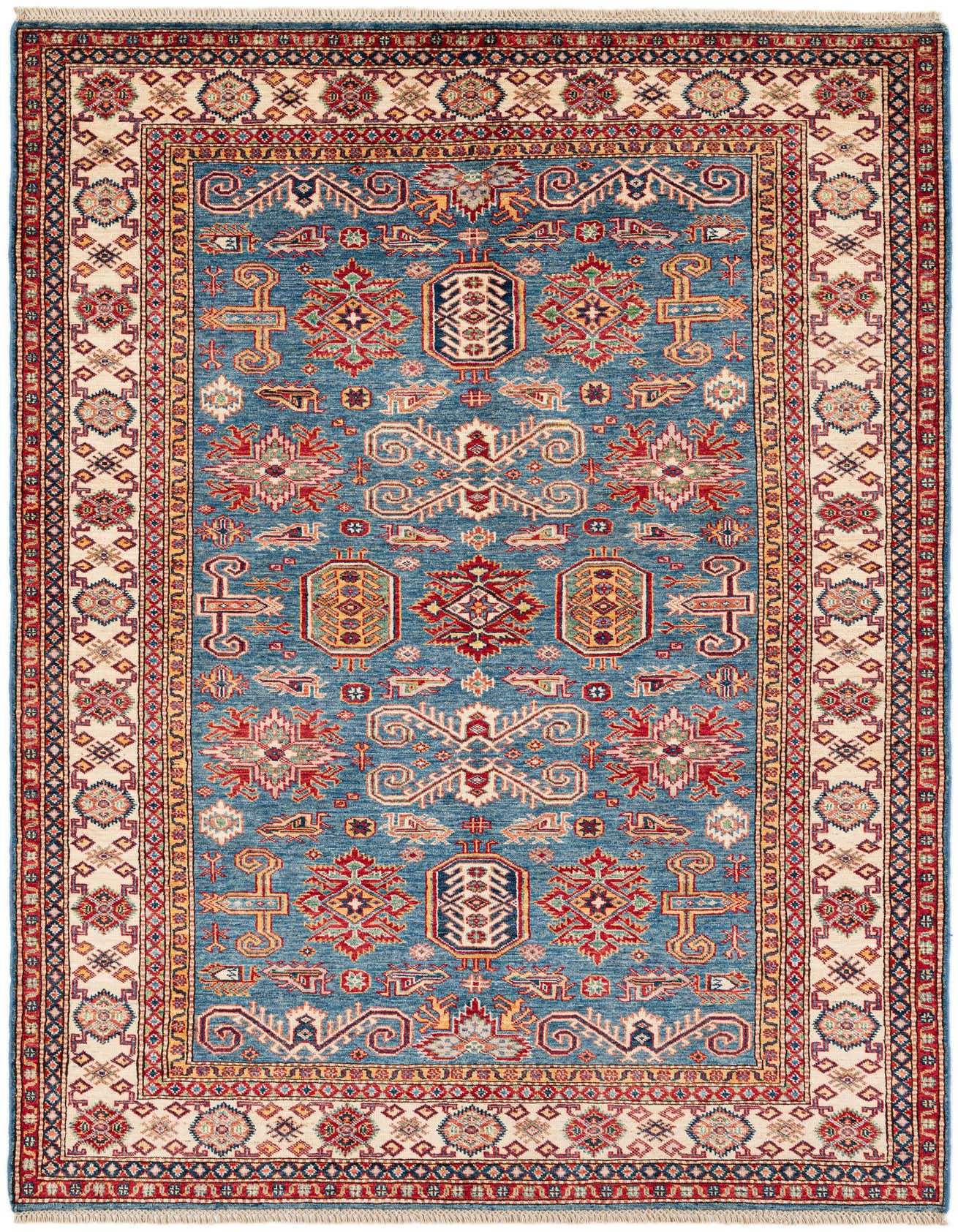 A 5x8 rectangular blue Oriental rug with intricate red, gold, and cream traditional patterns and a decorative border.