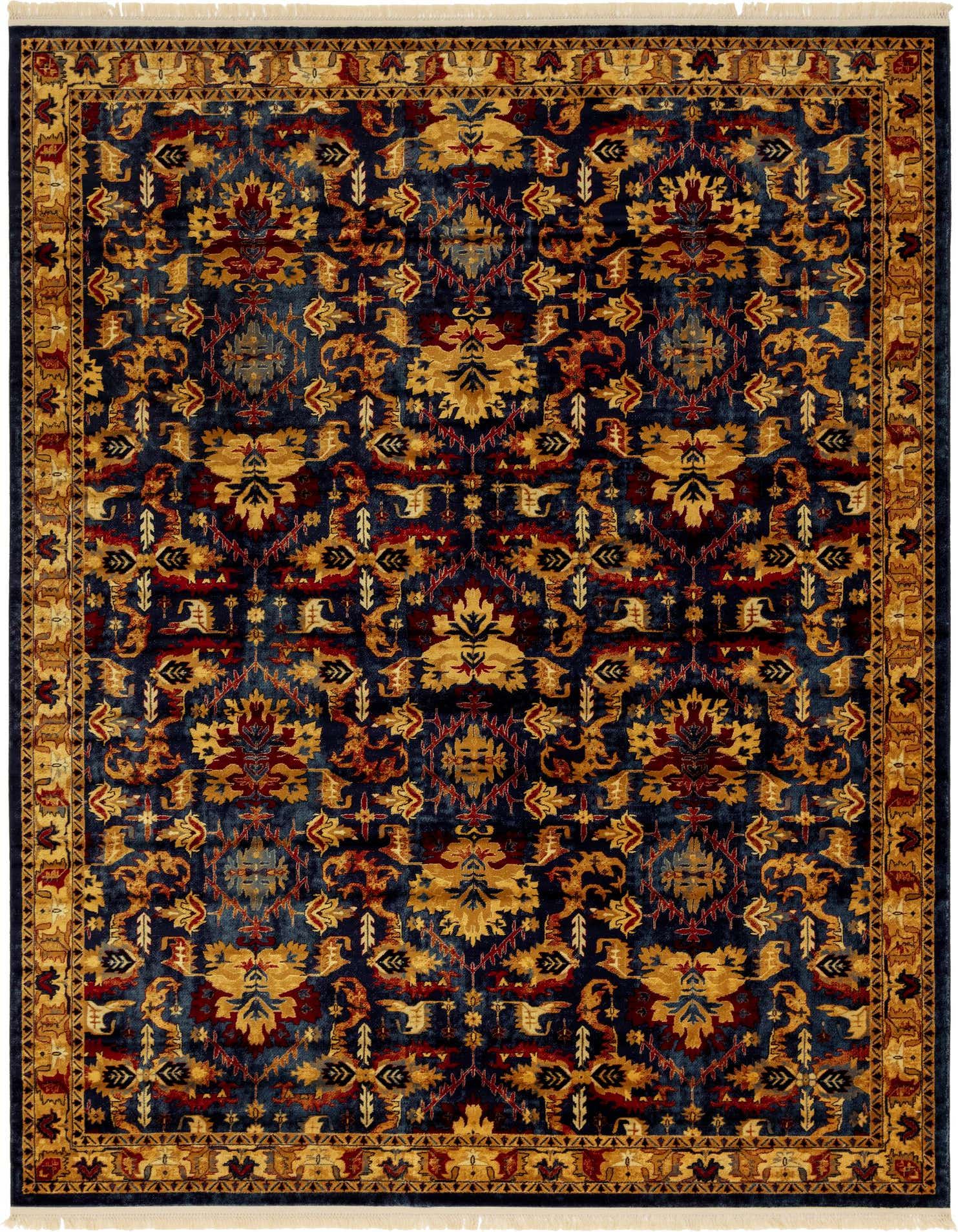 A 9x12 rectangular Kennedy rug featuring a traditional Southwestern pattern in deep blues, gold, and red tones, with a thin pile.
