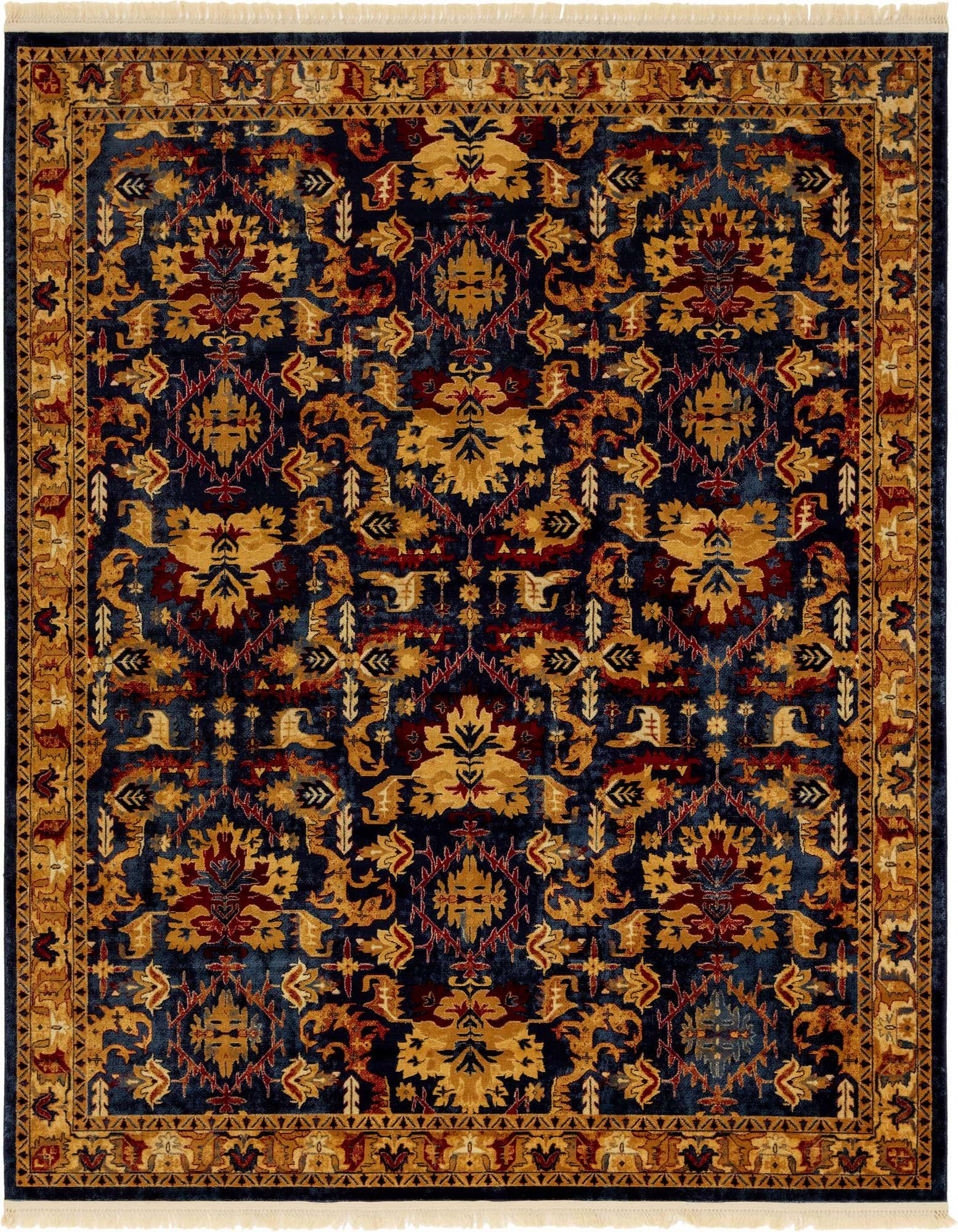 A rectangular 8x10 Kennedy rug featuring a rich navy blue background with intricate gold and red traditional patterns, bordered by a gold design.