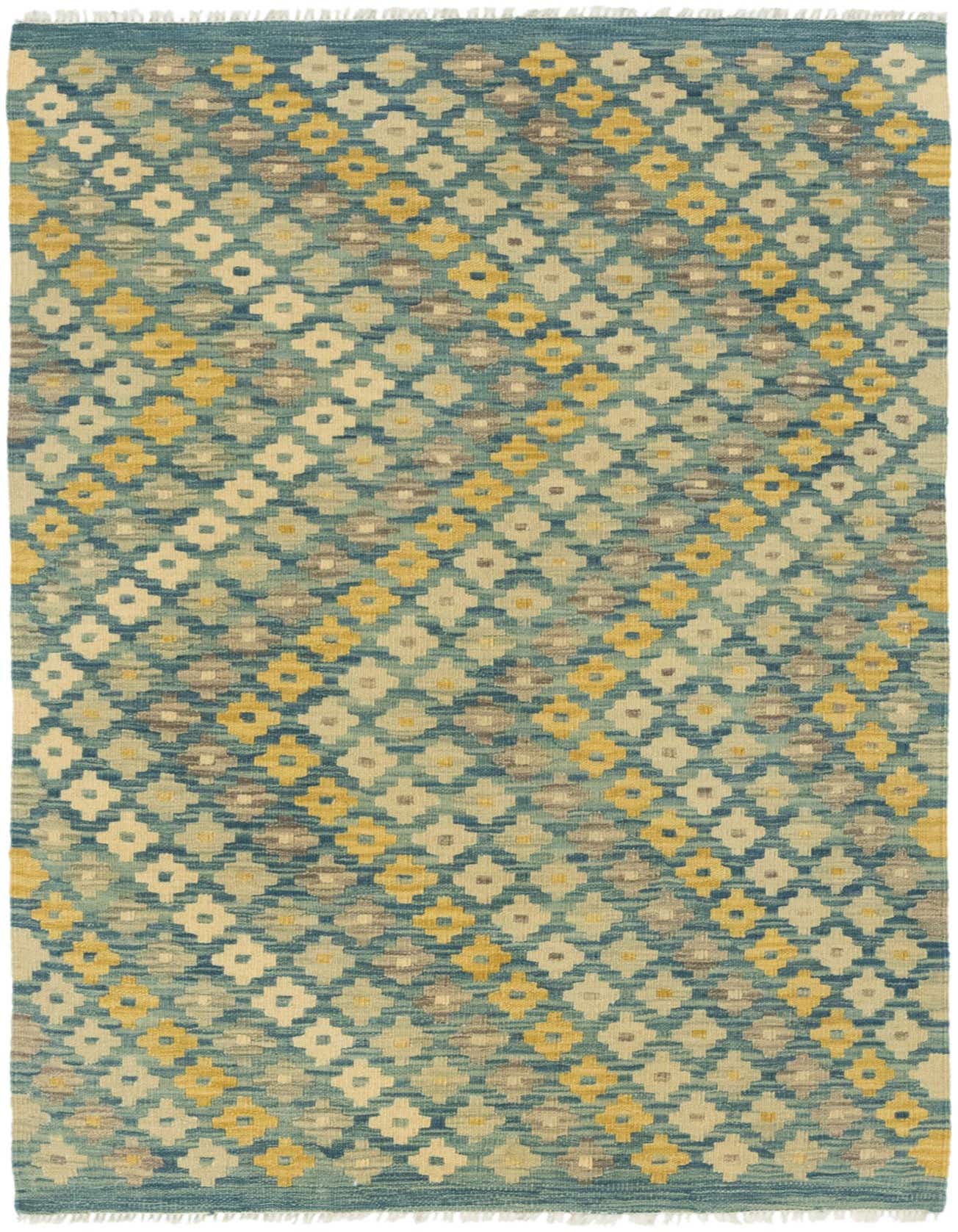 A 3x5 rectangular blue flatweave rug with a repeating geometric pattern in shades of blue, yellow, and beige.