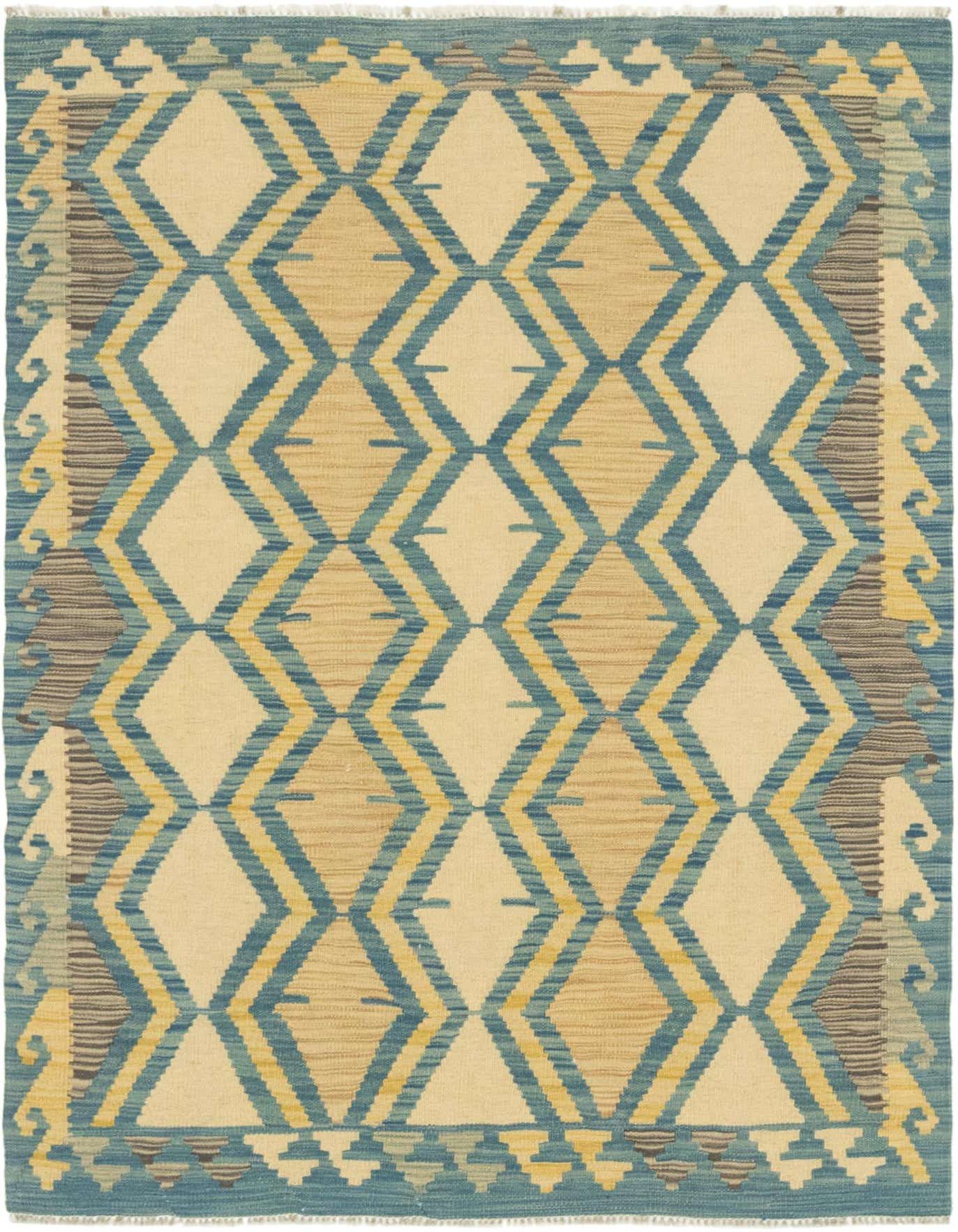 A 3x5 rectangular Kilim Modern rug with a geometric diamond pattern in shades of blue, beige, and yellow.