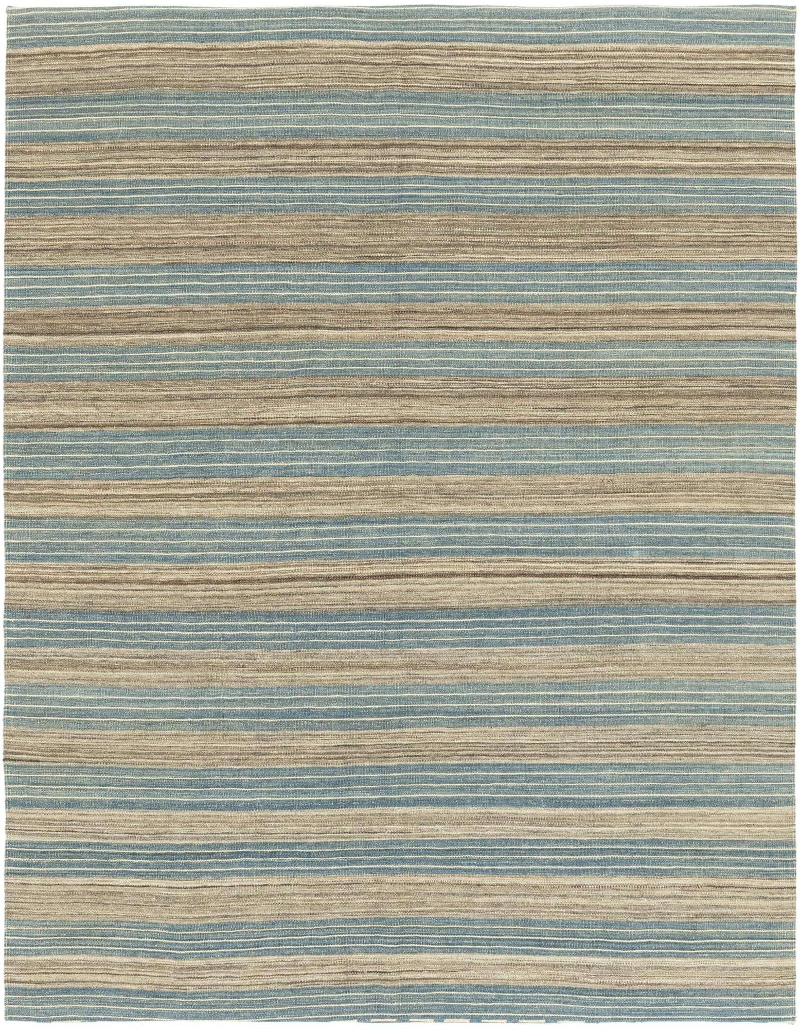 A 6x9 rectangular flatweave wool rug featuring horizontal stripes in varying shades of blue and beige, ideal for a living room.