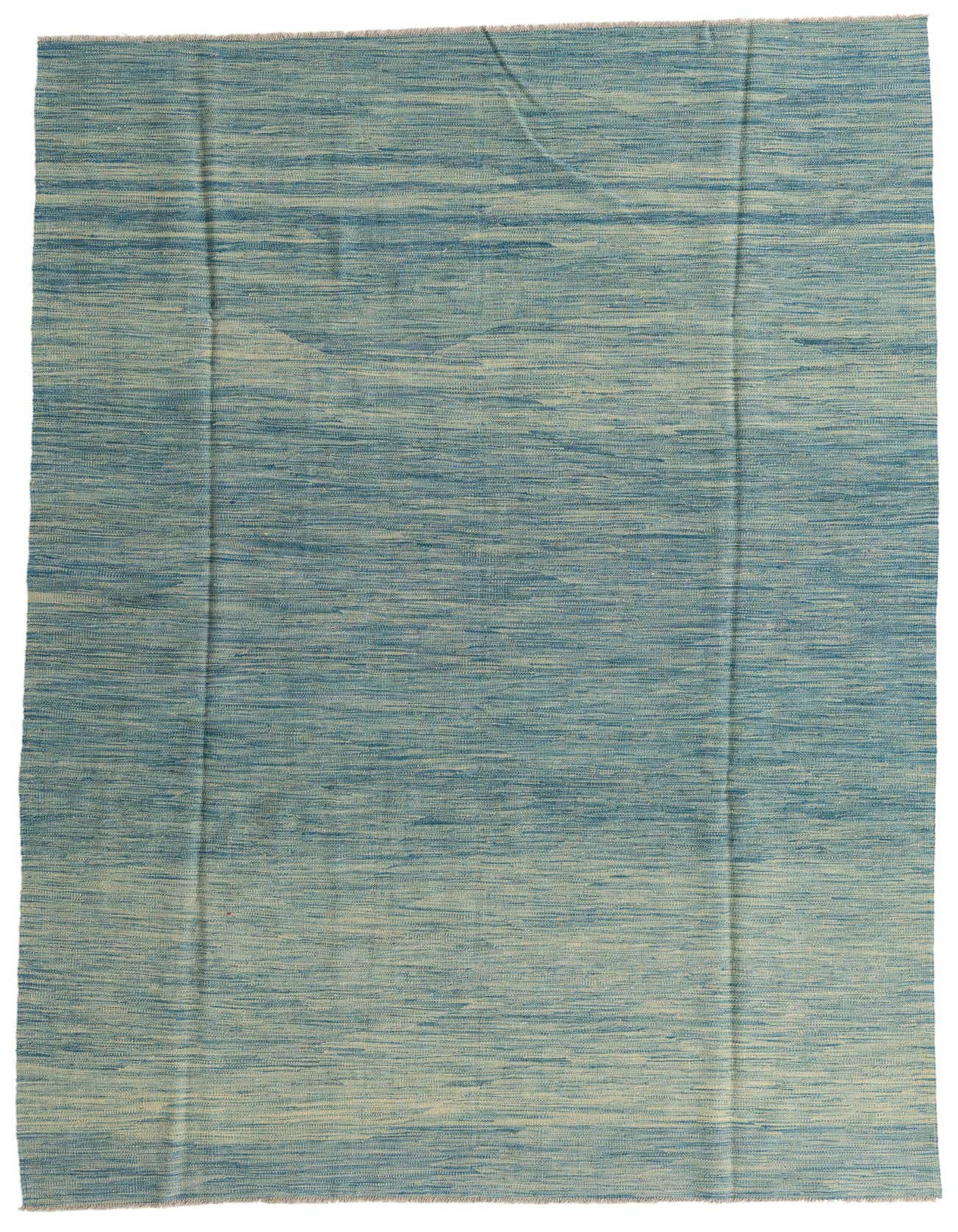A 6x9 rectangular Kilim Modern wool rug featuring horizontal stripes in varying shades of blue, ideal for a living room.