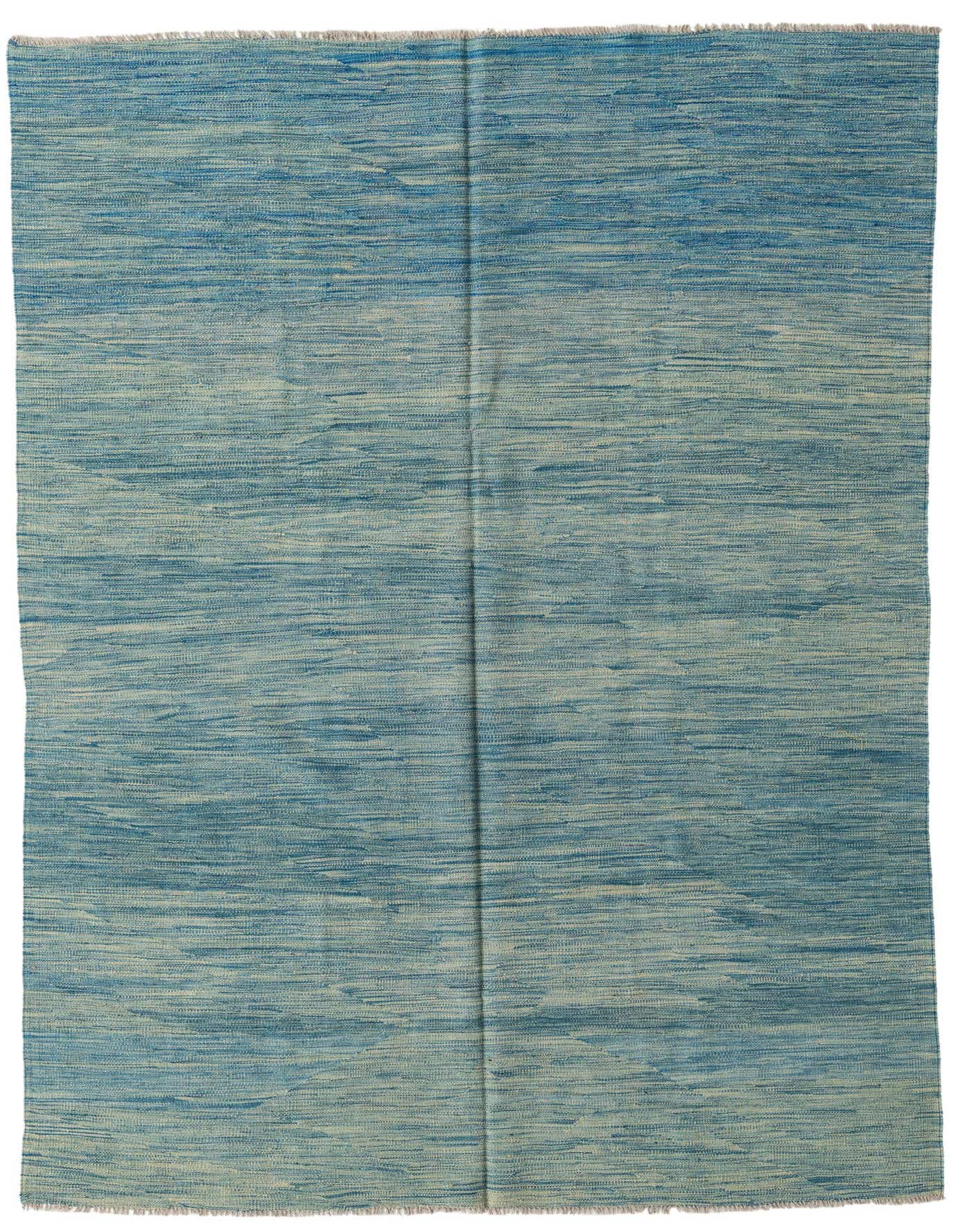 A 5x8 rectangular blue flatweave wool rug with a subtle horizontal striped pattern, suitable for a living room.