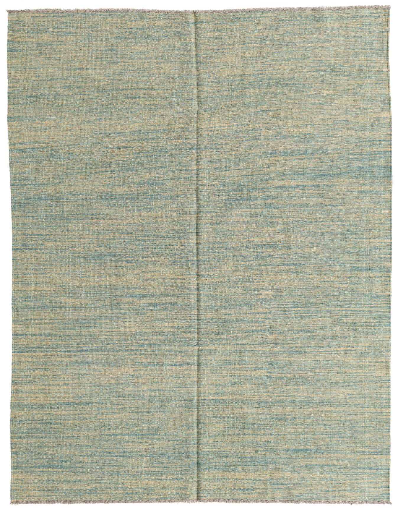 A 5x8 rectangular blue flatweave rug with a subtle striped texture, perfect for a modern living room.