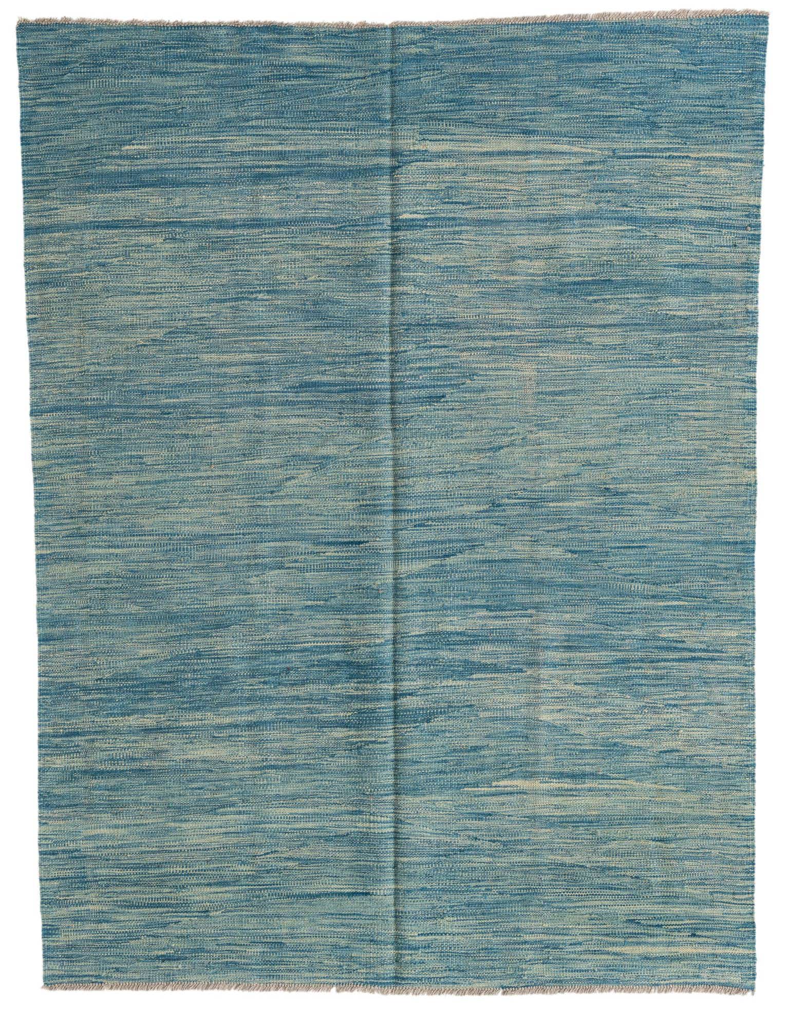 A 4x6 rectangular Kilim Modern rug from Rugs.com, featuring a flatweave texture in varying shades of blue, suitable for indoor spaces.