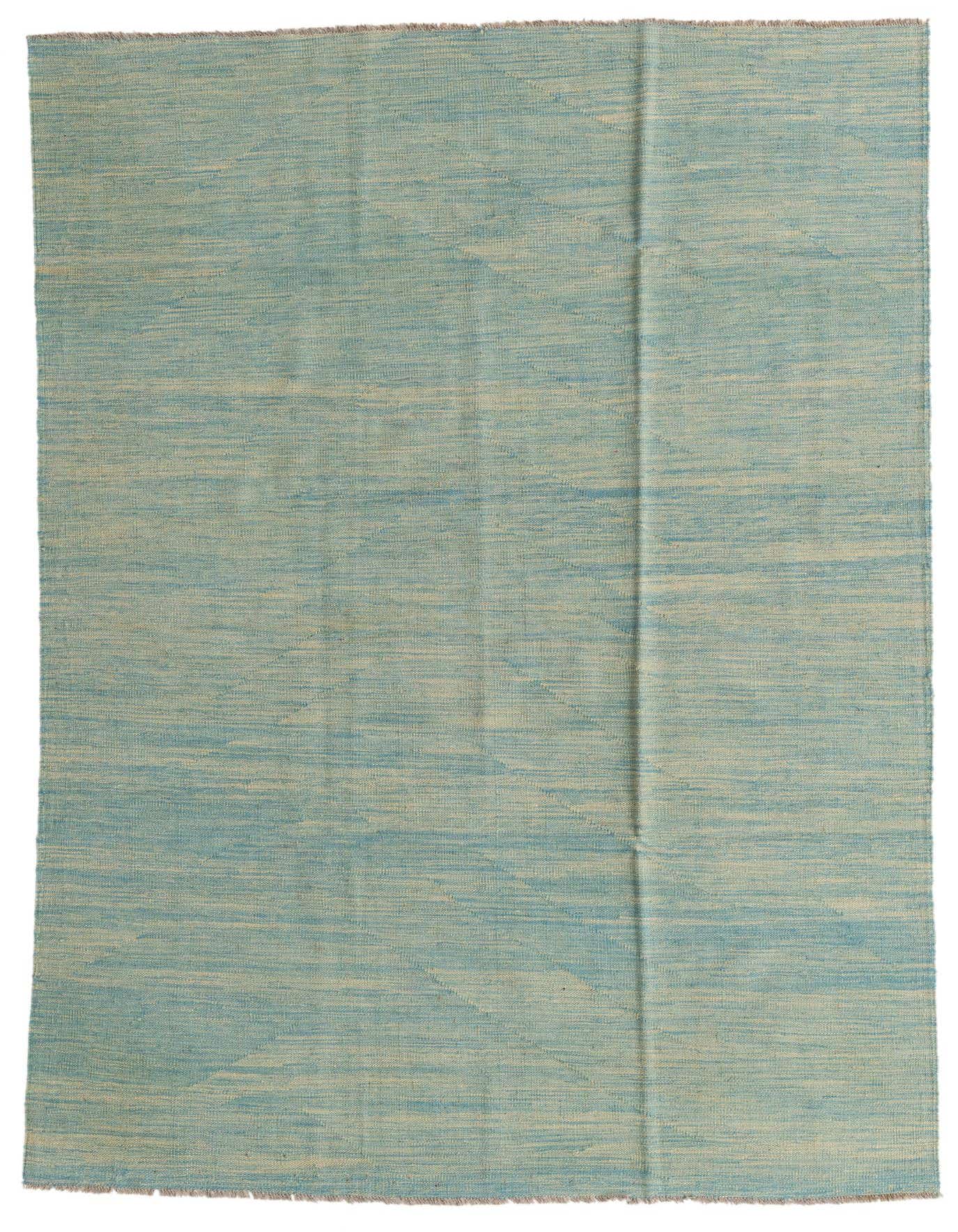 A 5x8 rectangular Kilim Modern wool rug in varying shades of blue, featuring a flatweave tribal pattern.