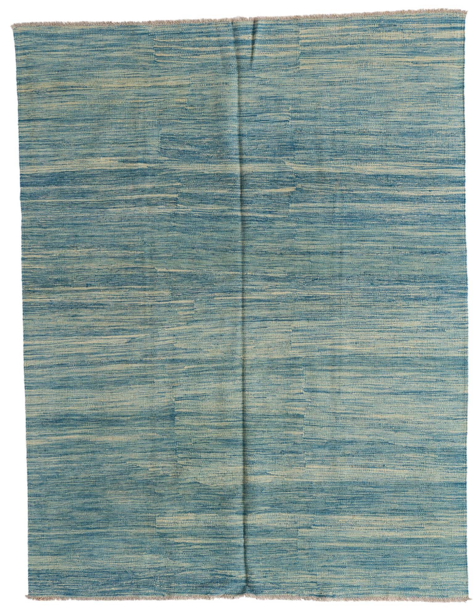 A 5x8 rectangular Kilim Modern rug in varying shades of blue with a subtle striped, flatweave texture.