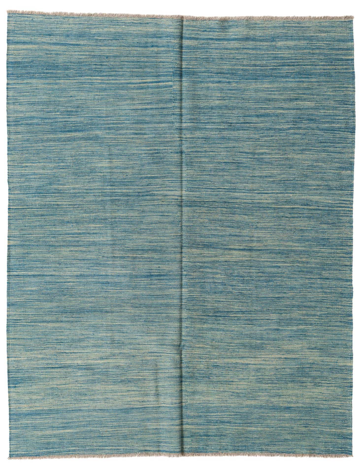 A 5x8 rectangular Kilim Modern area rug in varying shades of blue, featuring a flatweave striped pattern.