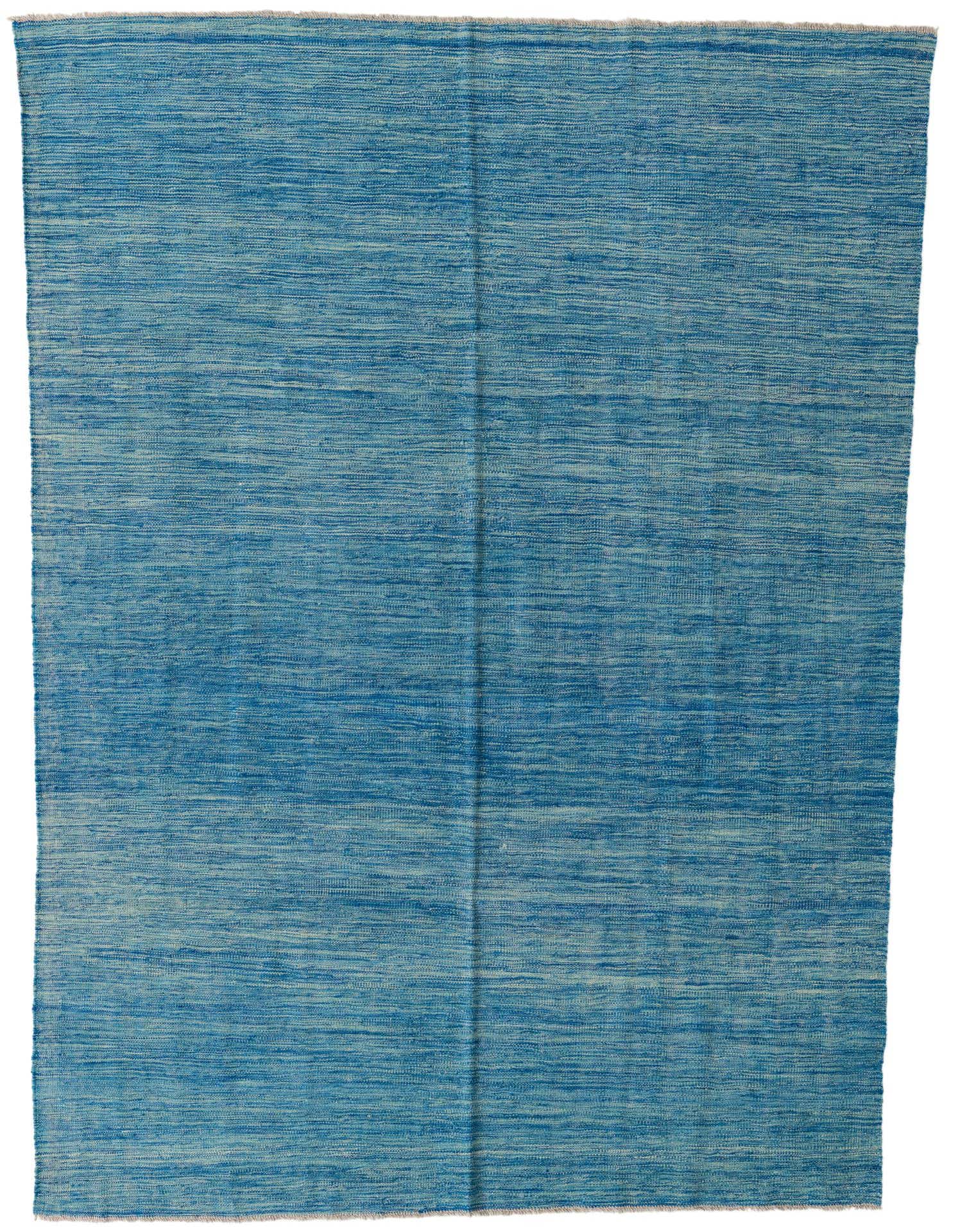 A 5x8 rectangular Kilim Modern wool rug in varying shades of blue, featuring a subtle striped flatweave pattern.