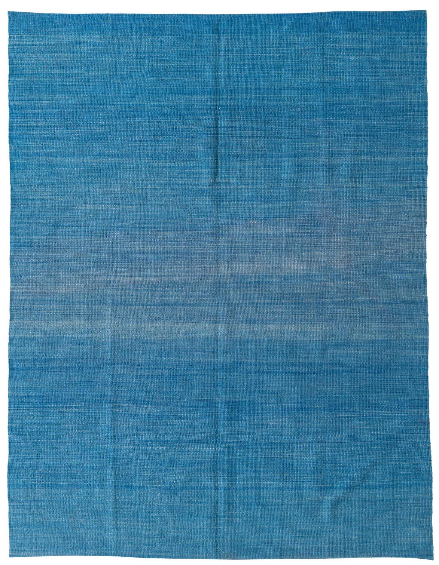 A 5x8 rectangular Kilim Modern rug in varying shades of blue, featuring a flatweave texture.
