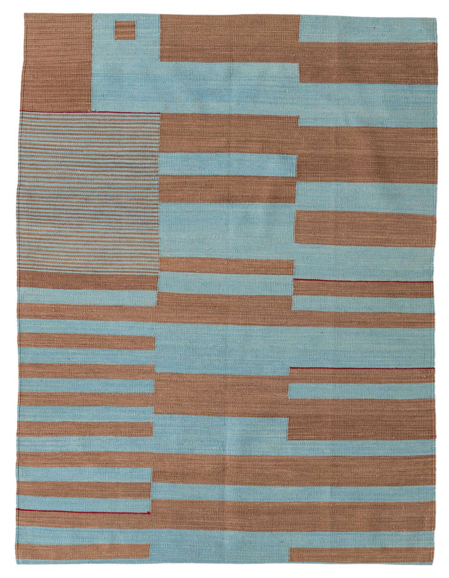 A 4x6 rectangular Kilim Modern rug with a flatweave, featuring an abstract pattern of alternating blue and brown blocks and stripes.