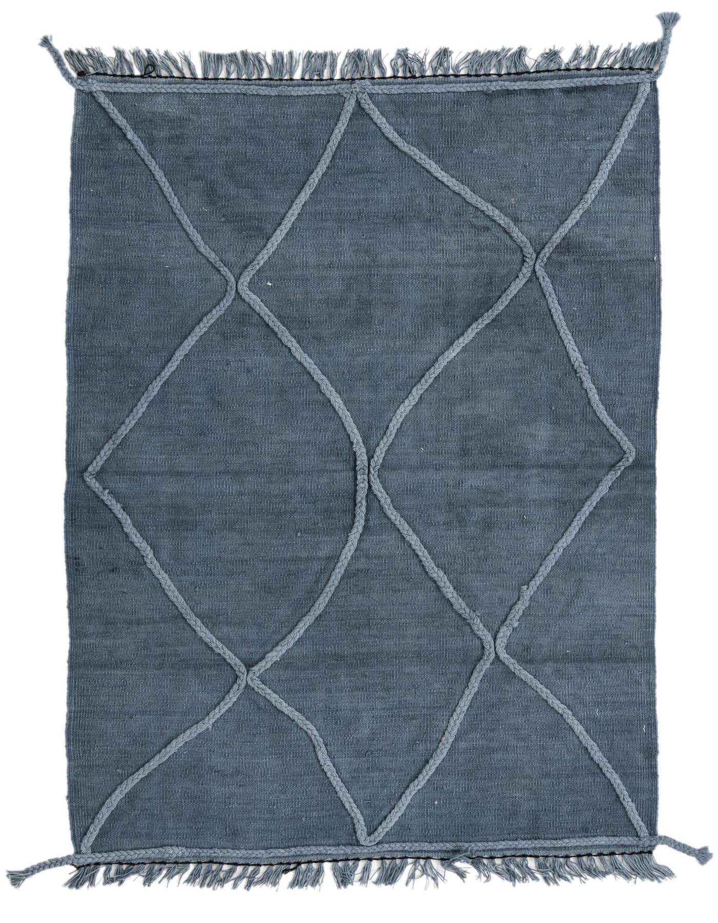 A 3x5 rectangular blue tribal wool rug with a textured diamond pattern and fringed edges.