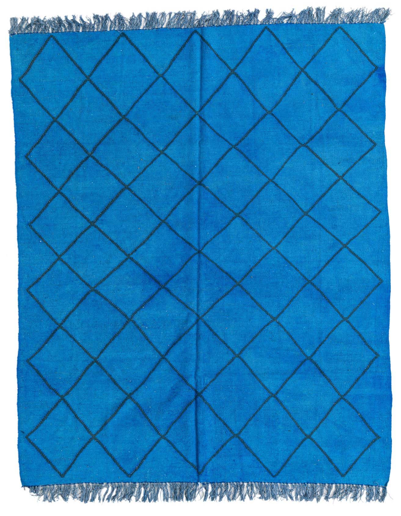A 5x8 rectangular blue wool rug with a black diamond tribal pattern and fringed edges, suitable for a living room.