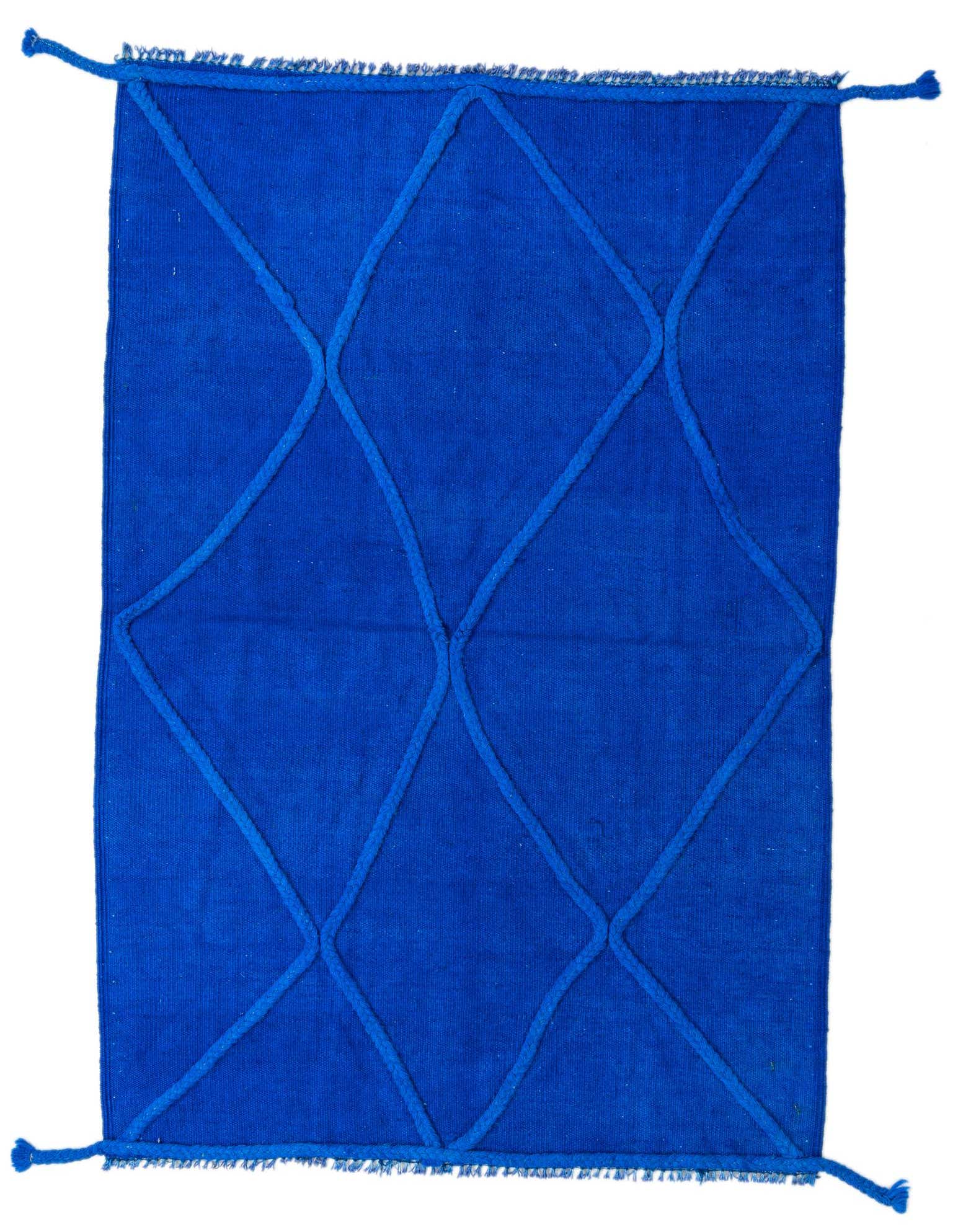 A vibrant 3x5 rectangular blue flatweave wool rug with a raised diamond tribal pattern, perfect for an entryway.