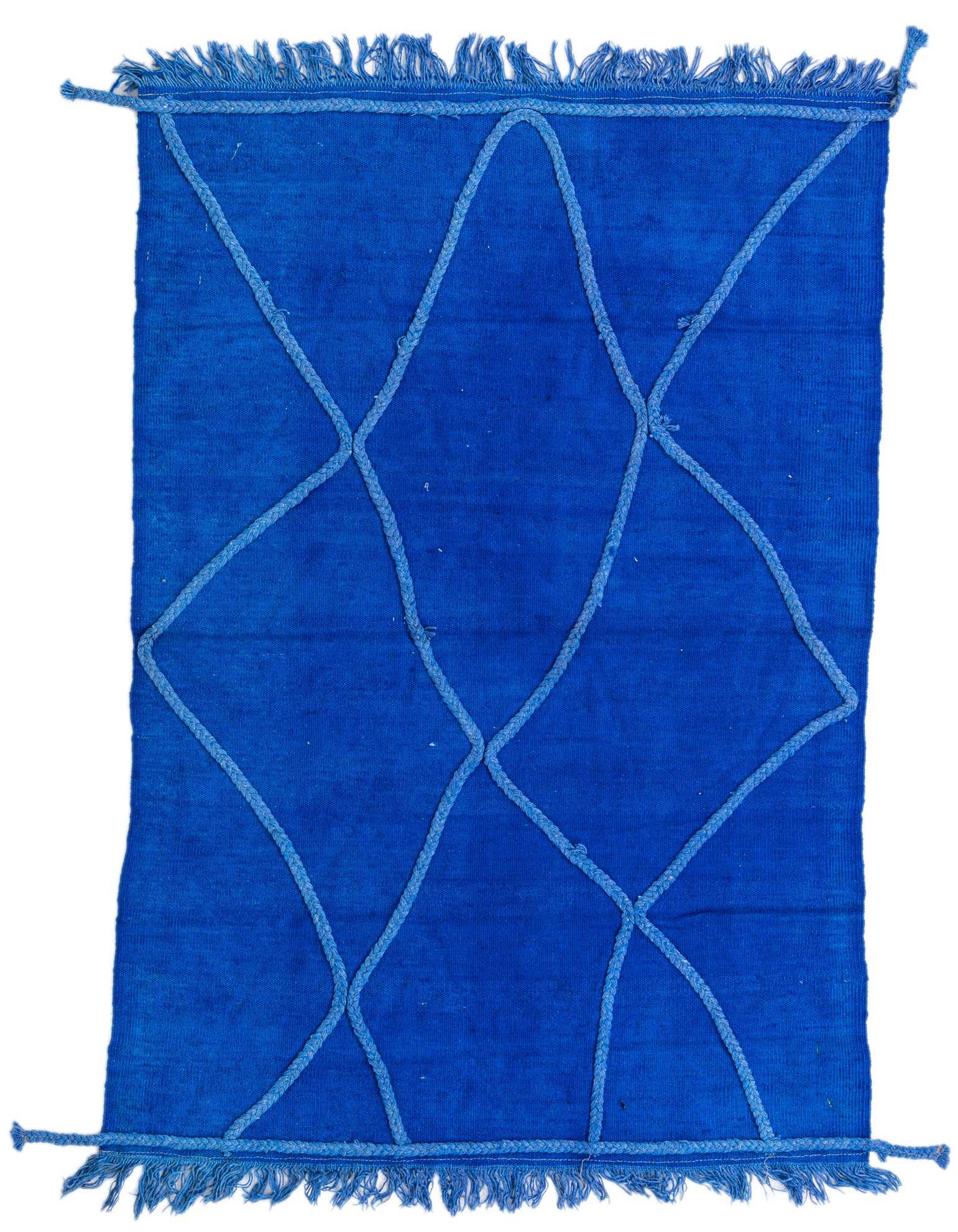 A 3x5 rectangular blue tribal flatweave wool rug with a lighter blue geometric diamond pattern and fringed ends.