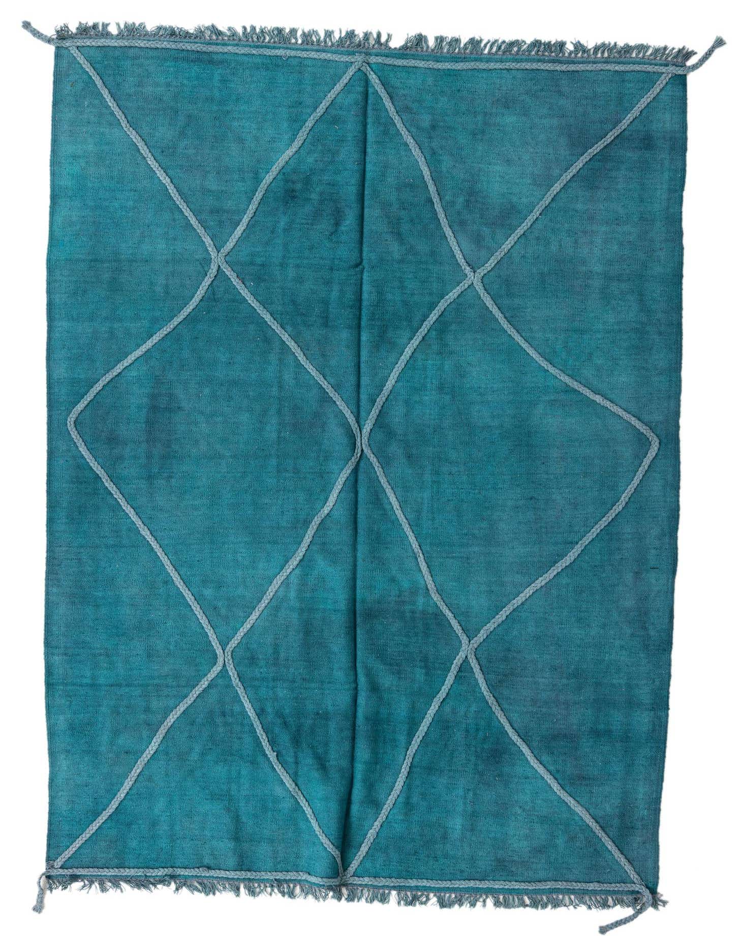 A 5x8 rectangular Kilim Modern rug in shades of blue with a light gray braided diamond pattern and fringed edges.