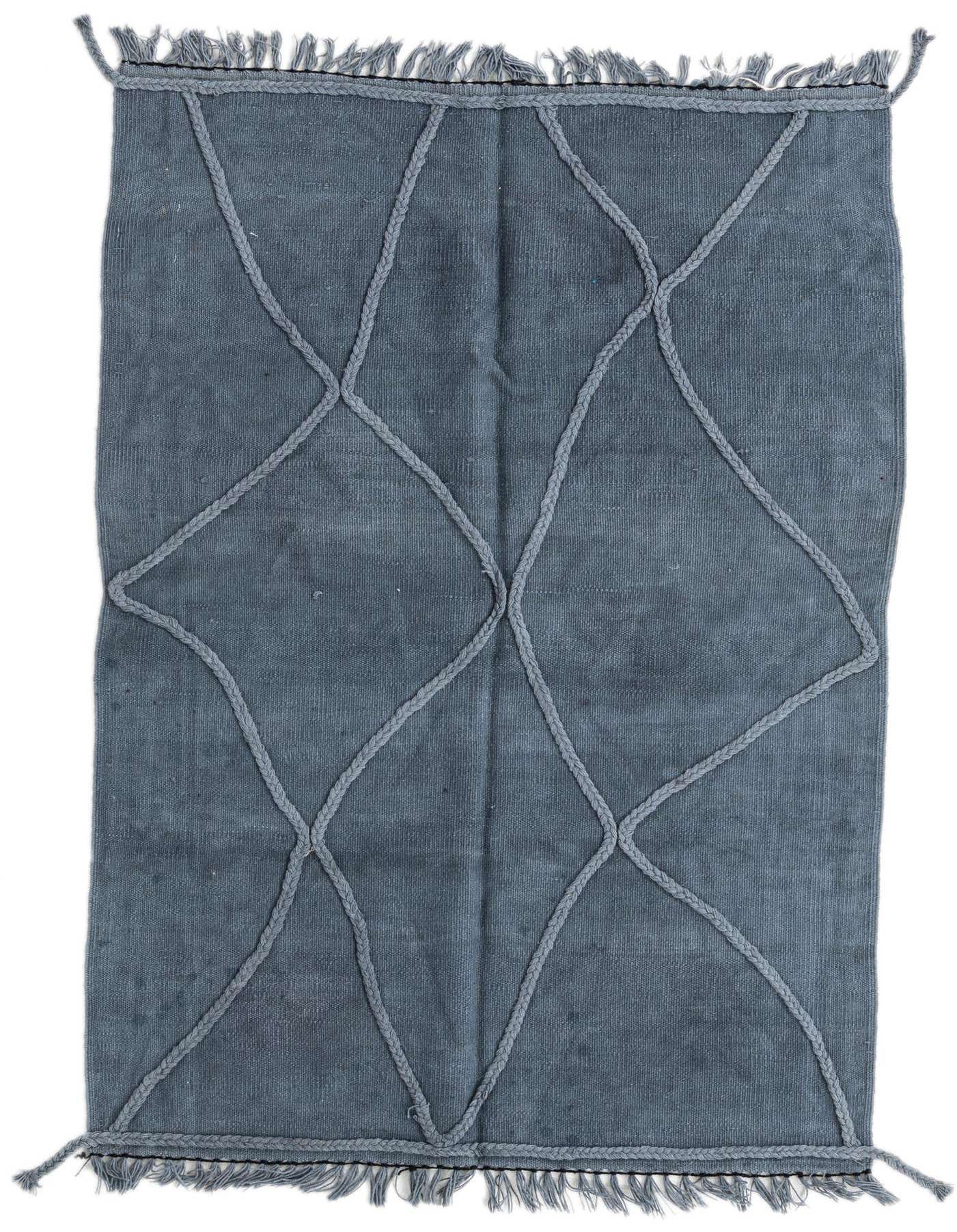 A 3x5 rectangular blue tribal flatweave rug with a raised geometric diamond pattern and fringed edges.