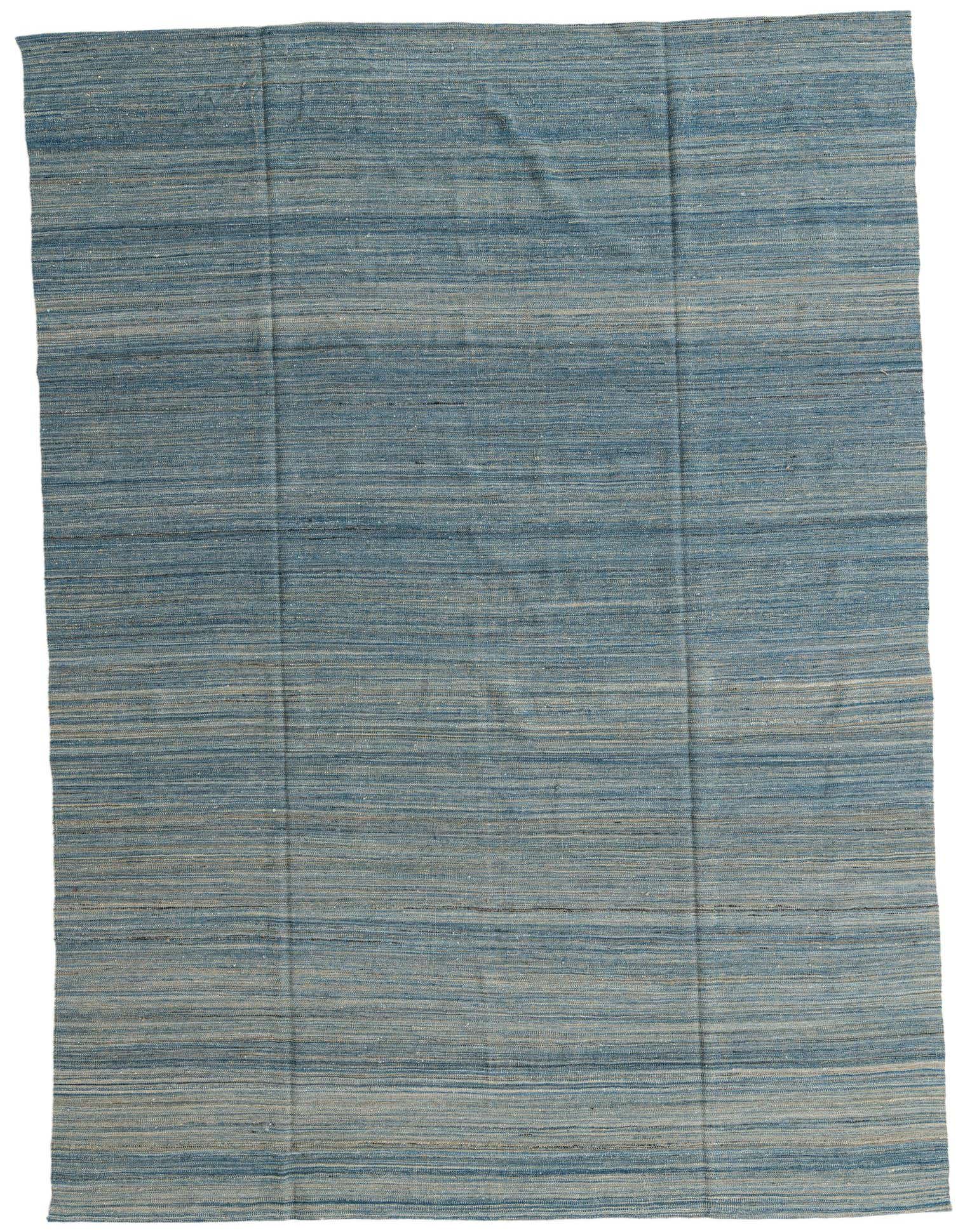 A large 9x11 rectangular indoor rug featuring horizontal stripes in varying shades of blue, made from flatweave wool.