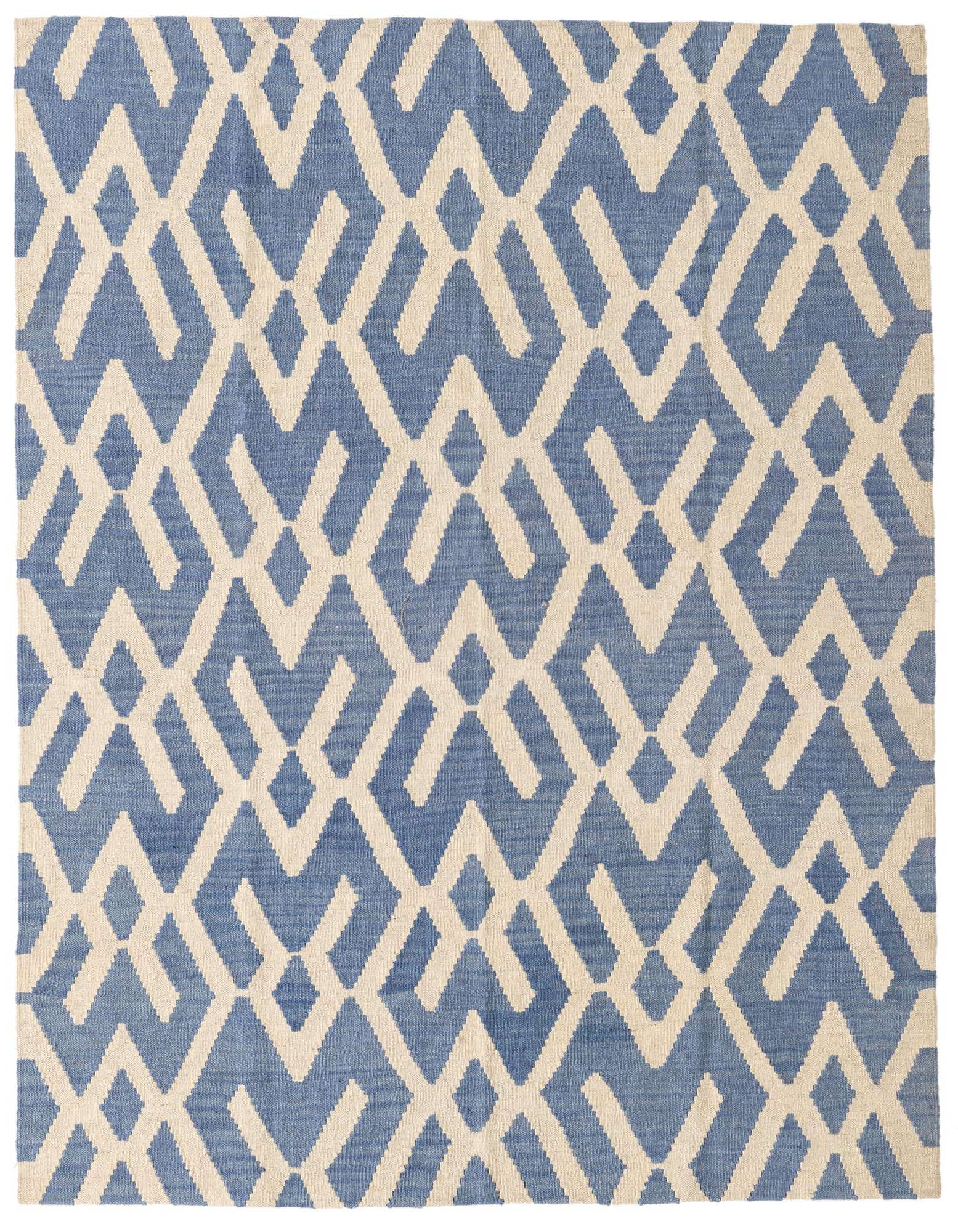 A 4x6 rectangular blue and cream flatweave wool rug with a modern tribal geometric pattern.