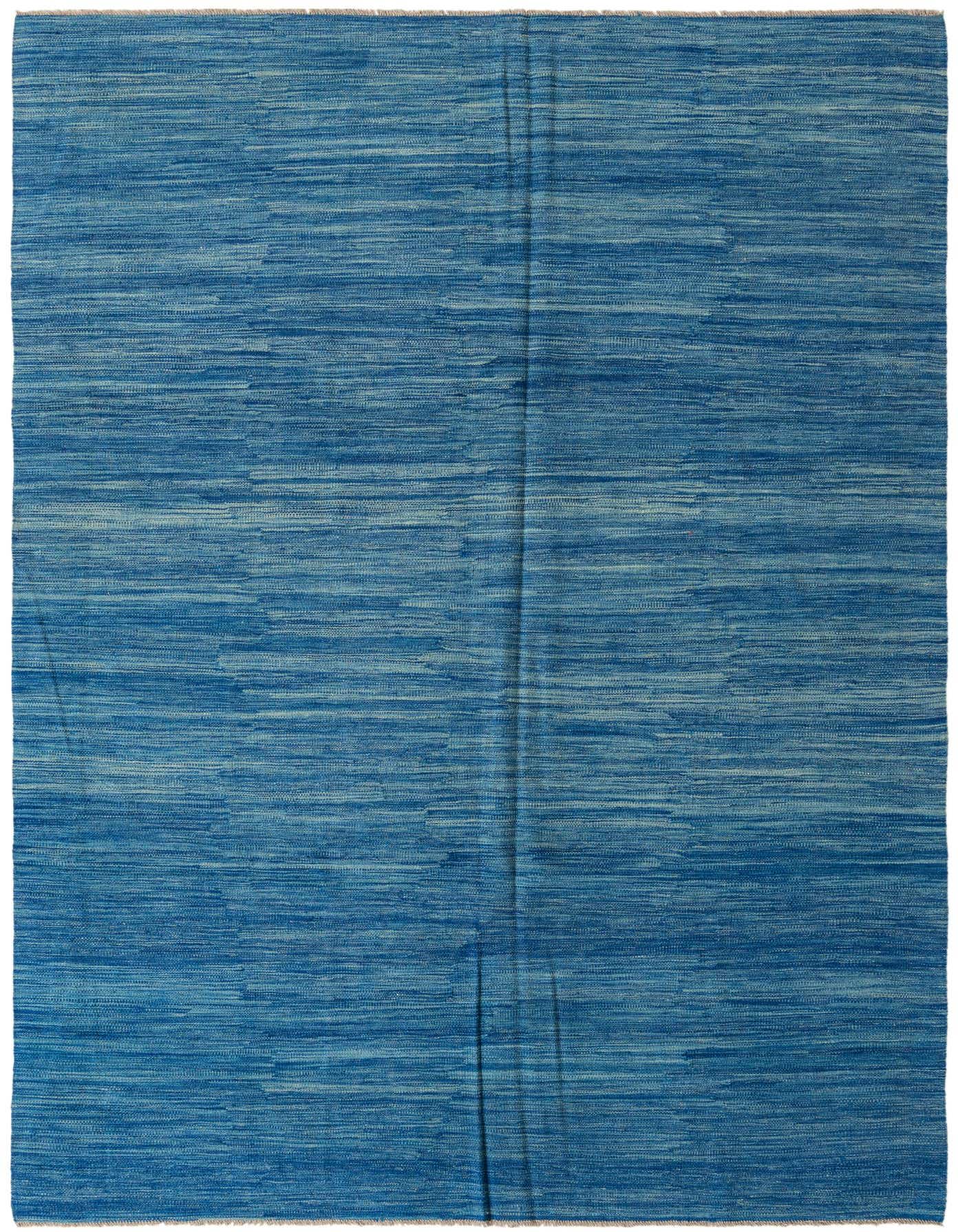 A 7x10 rectangular blue wool flatweave rug with a subtle horizontal striped pattern, ideal for a living room.