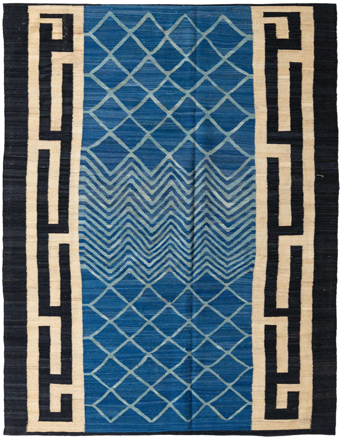 A 7x10 rectangular Kilim Modern wool rug featuring a central blue field with geometric patterns, flanked by black borders with a cream Greek key design.