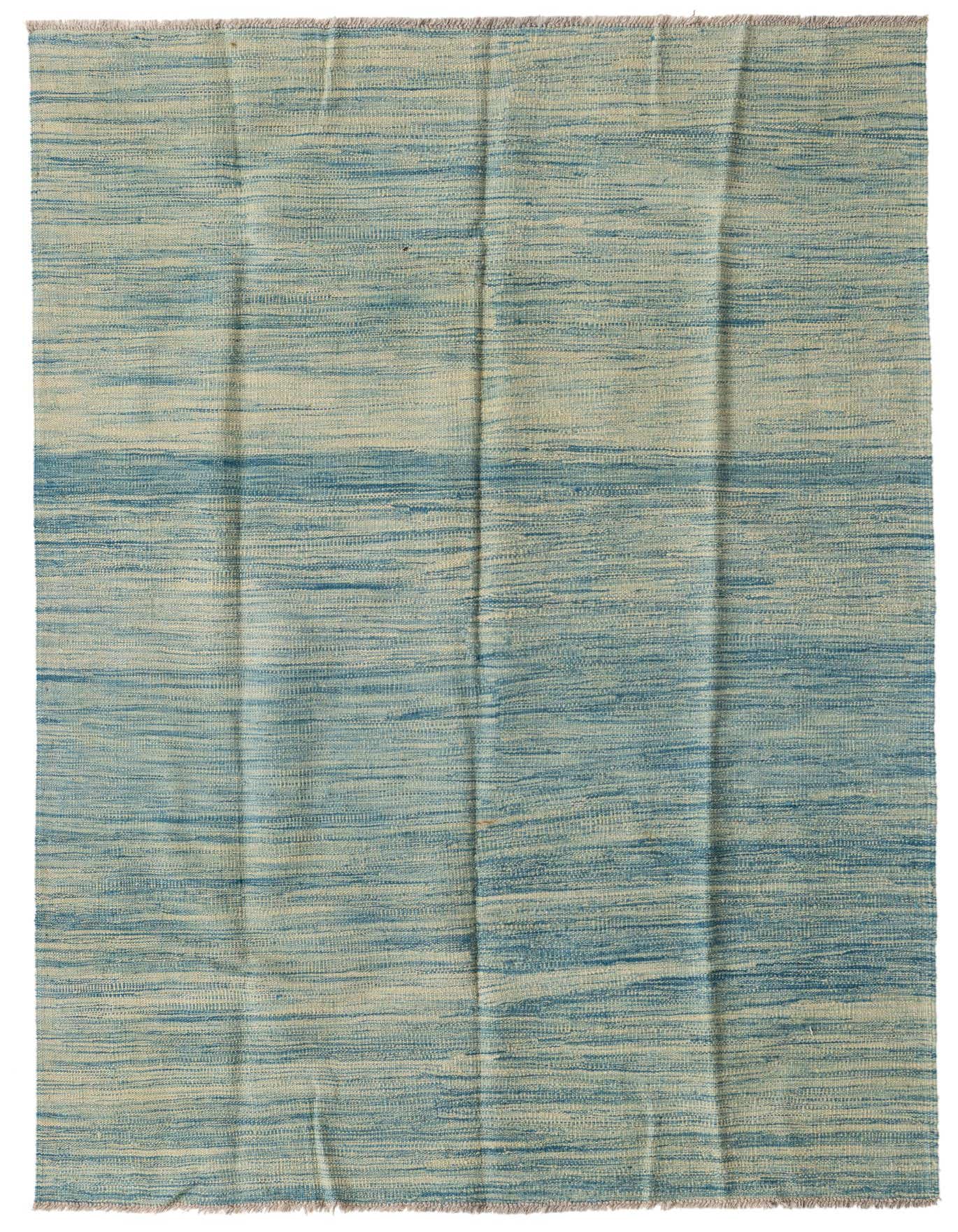 A 4x6 rectangular Kilim Modern rug from Rugs.com with a flatweave texture, featuring horizontal stripes in varying shades of blue and cream.