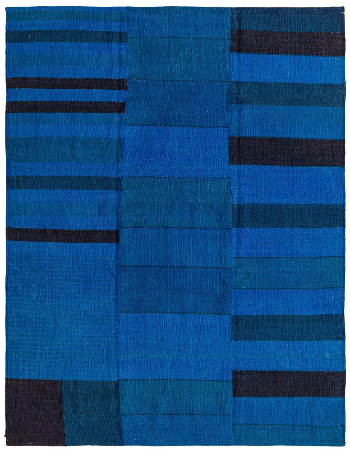 A 4x6 rectangular Kilim Modern rug featuring a patchwork of varying blue and dark blue horizontal stripes and blocks, showcasing its flatweave texture.