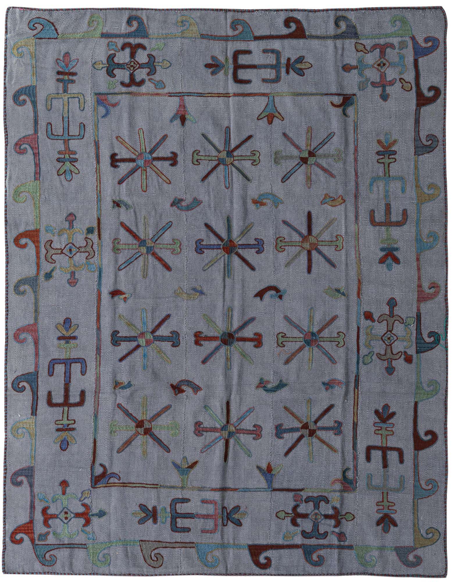 A 5x8 rectangular blue Kilim Suzani rug with a flatweave texture, featuring colorful tribal and oriental patterns.