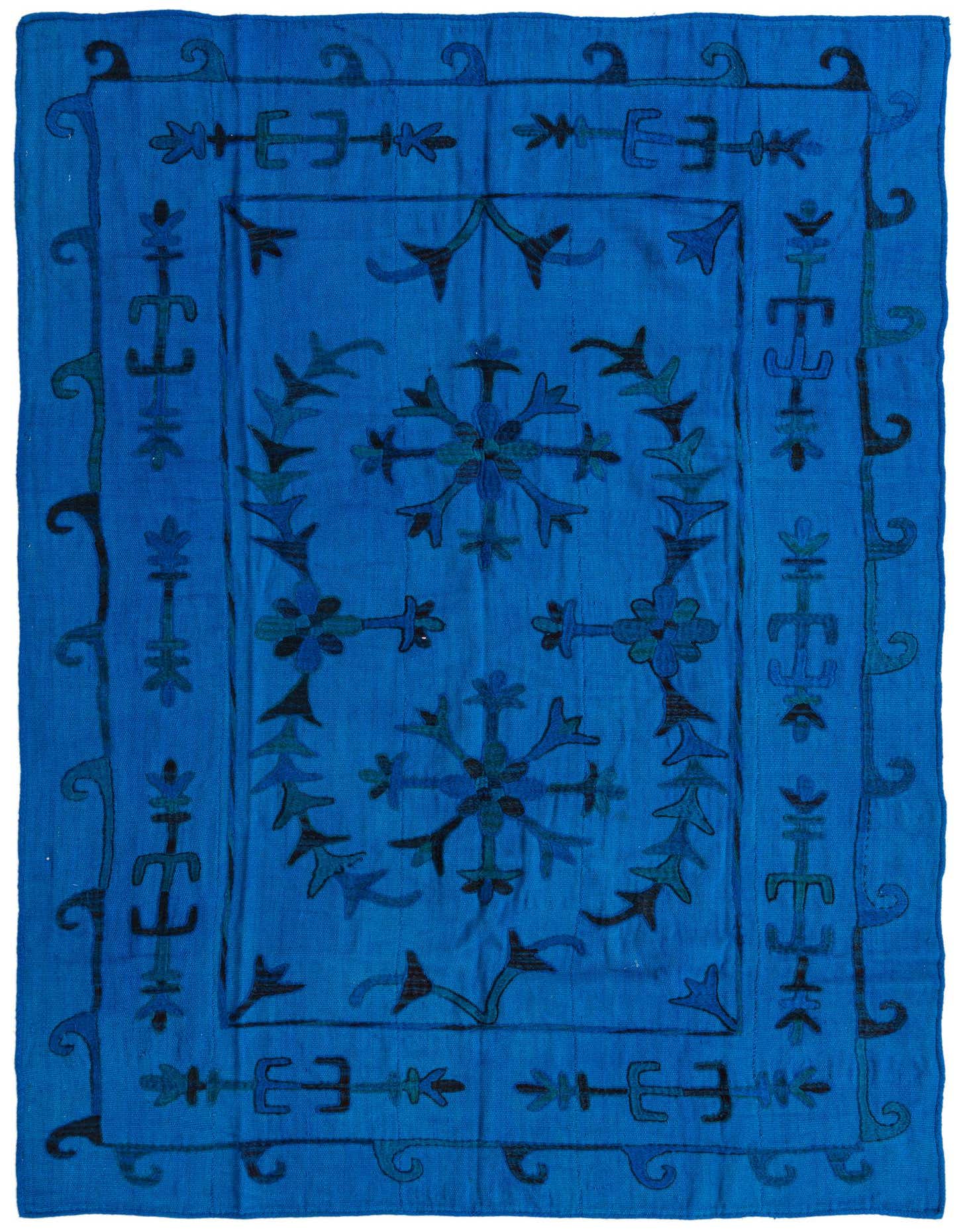 A 5x8 rectangular Kilim Suzani rug in vibrant blues with a tribal, abstract floral pattern and a decorative border.
