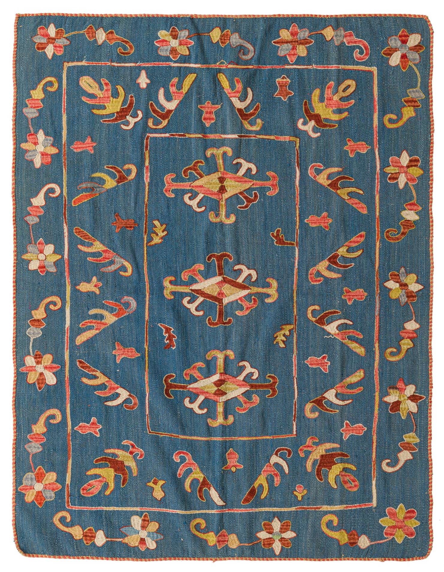 A 5x8 rectangular blue Kilim Suzani rug with a tribal pattern of colorful floral and geometric motifs.