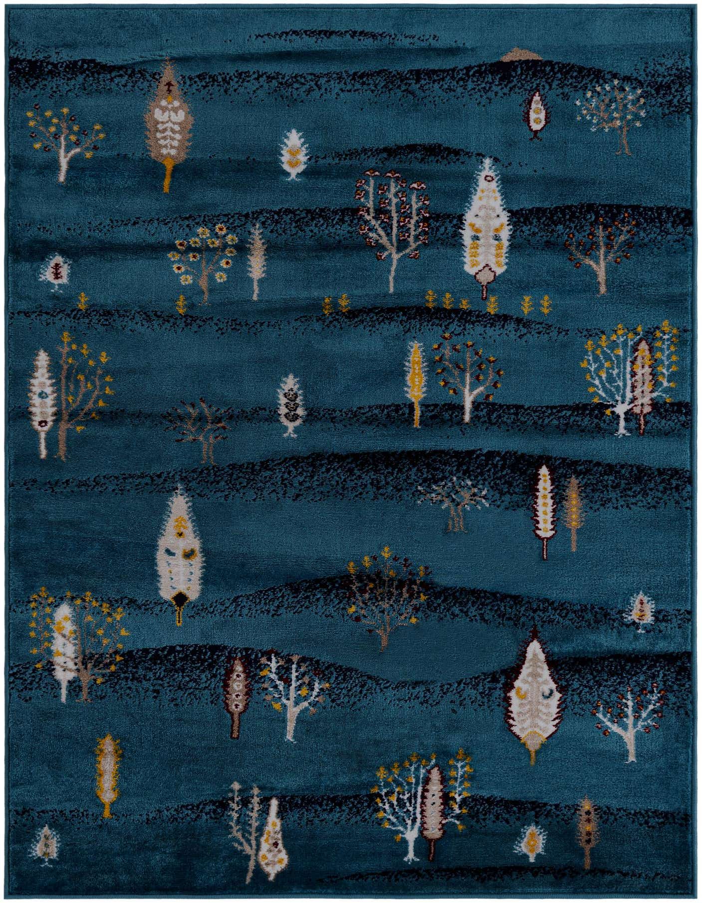 A 4x6 rectangular blue tribal rug featuring various stylized trees and abstract patterns in shades of white, yellow, and brown.